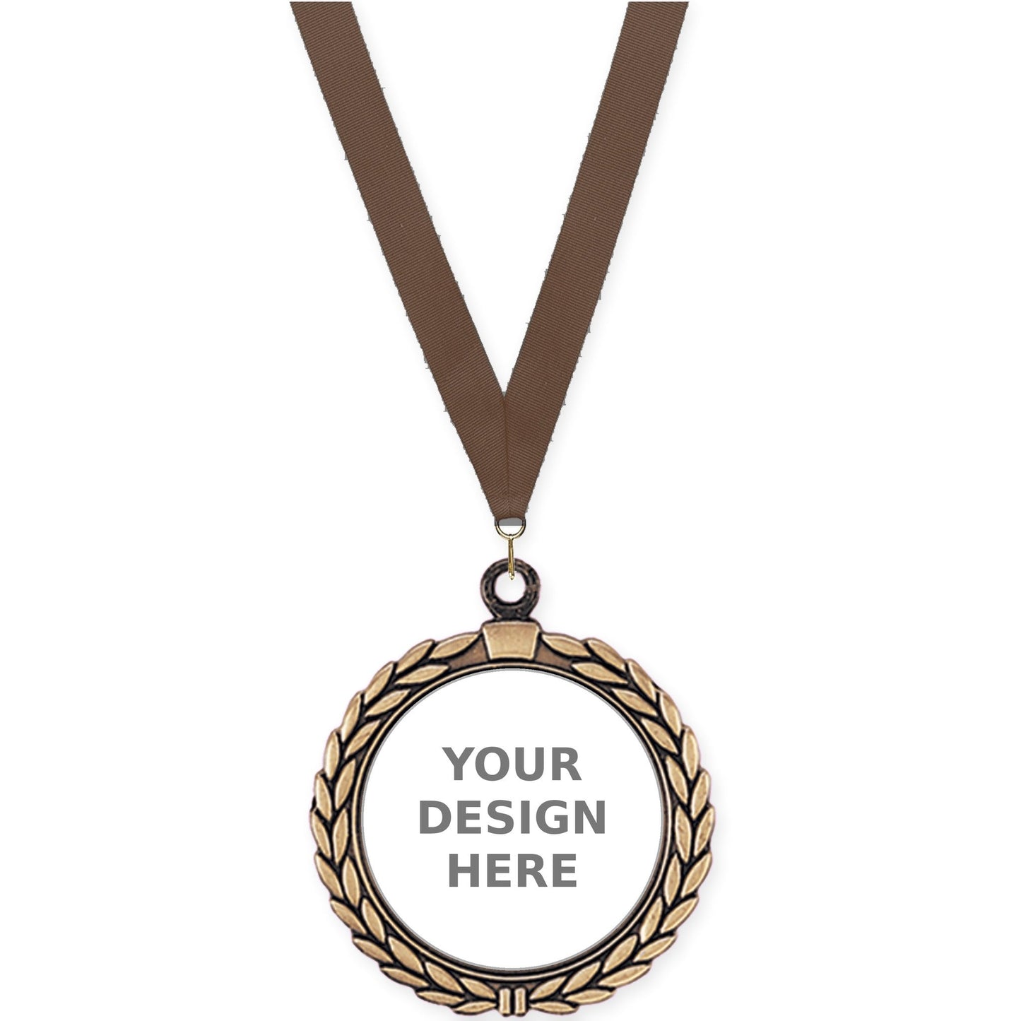 2 1/2 inch Laurel Wreath insert medal in antique gold with Brown neck ribbon