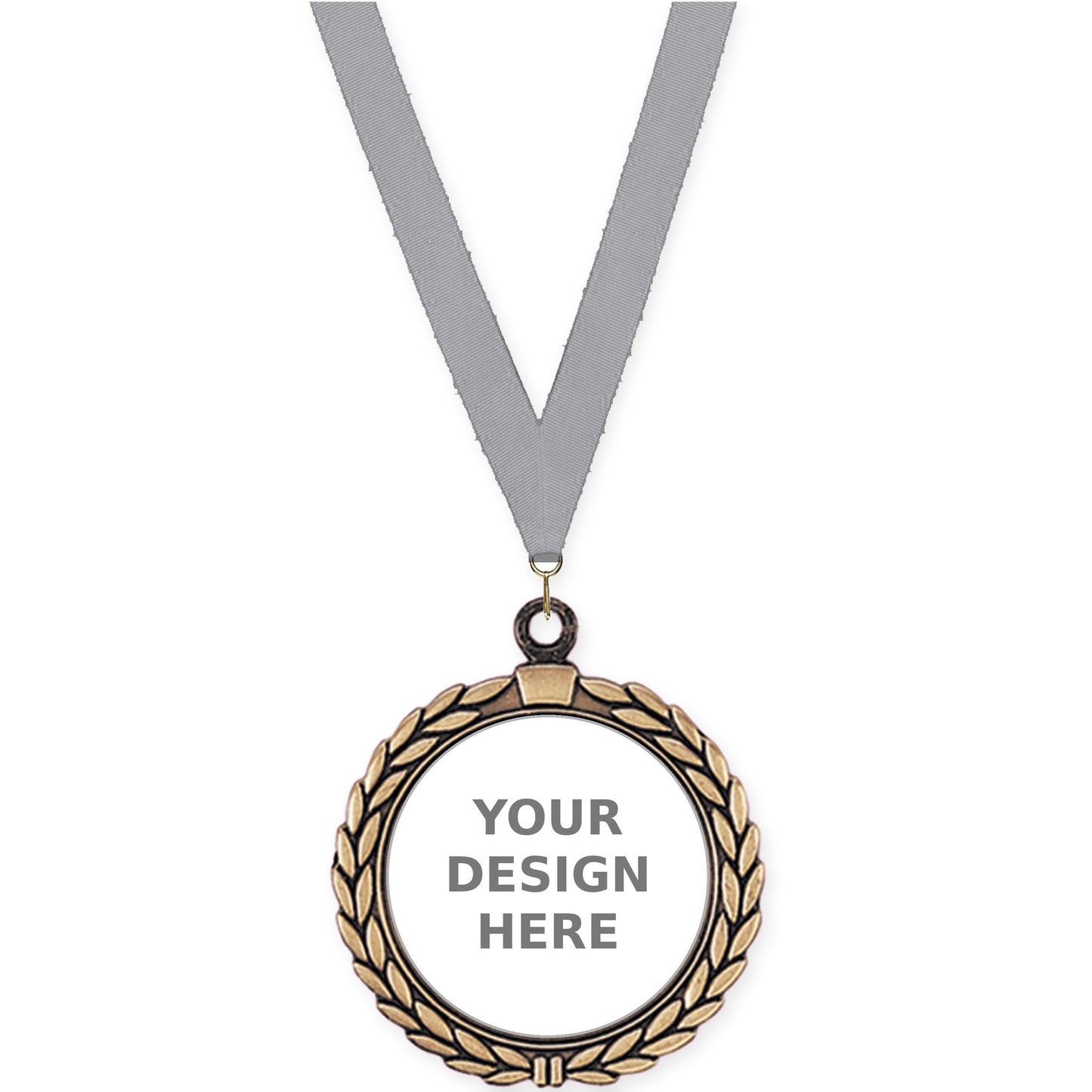 2 1/2 inch Laurel Wreath insert medal in antique gold with Gray neck ribbon