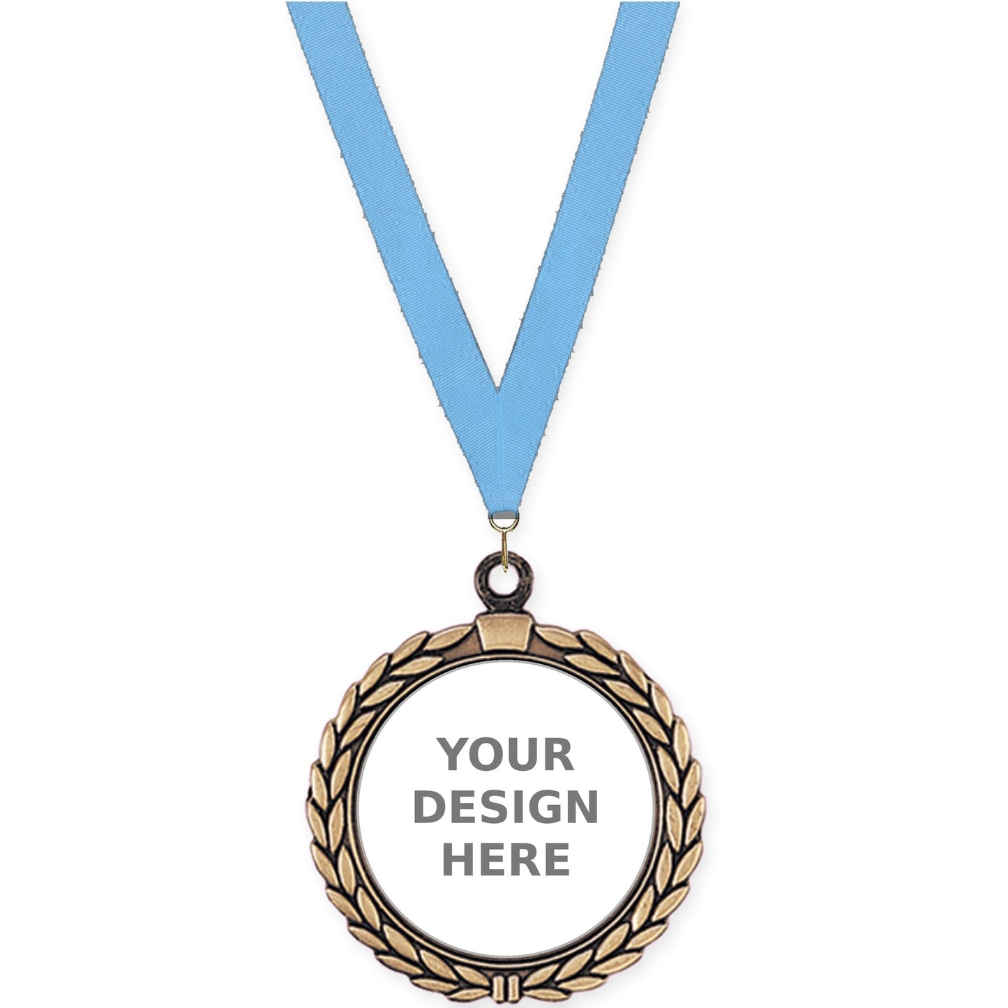 2 1/2 inch Laurel Wreath insert medal in antique gold with Light Blue neck ribbon