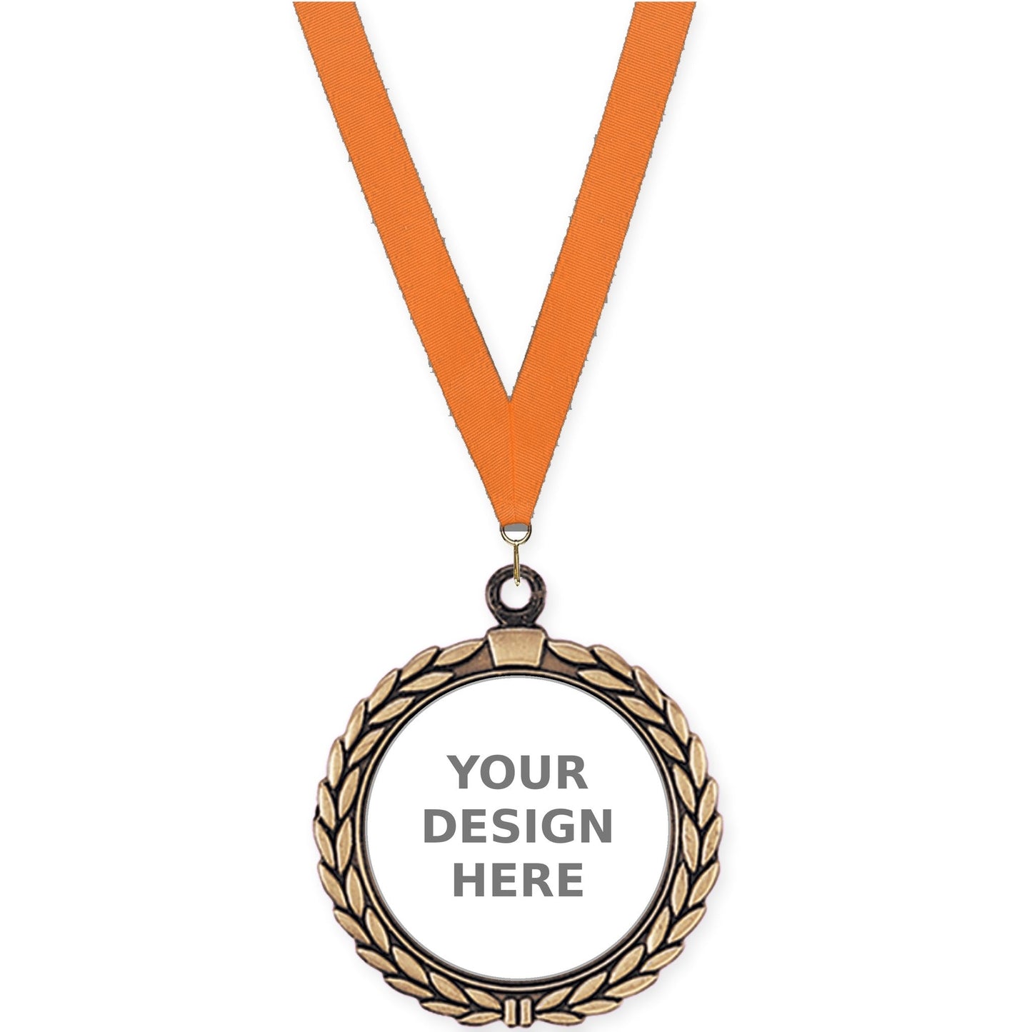2 1/2 inch Laurel Wreath insert medal in antique gold with Orange neck ribbon