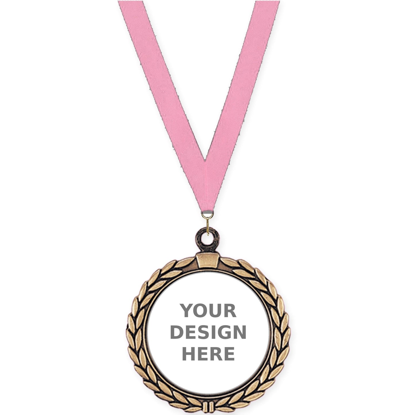 2 1/2 inch Laurel Wreath insert medal in antique gold with Pink neck ribbon