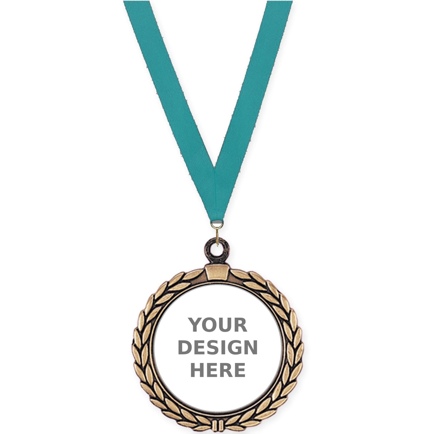 2 1/2 inch Laurel Wreath insert medal in antique gold with Teal neck ribbon