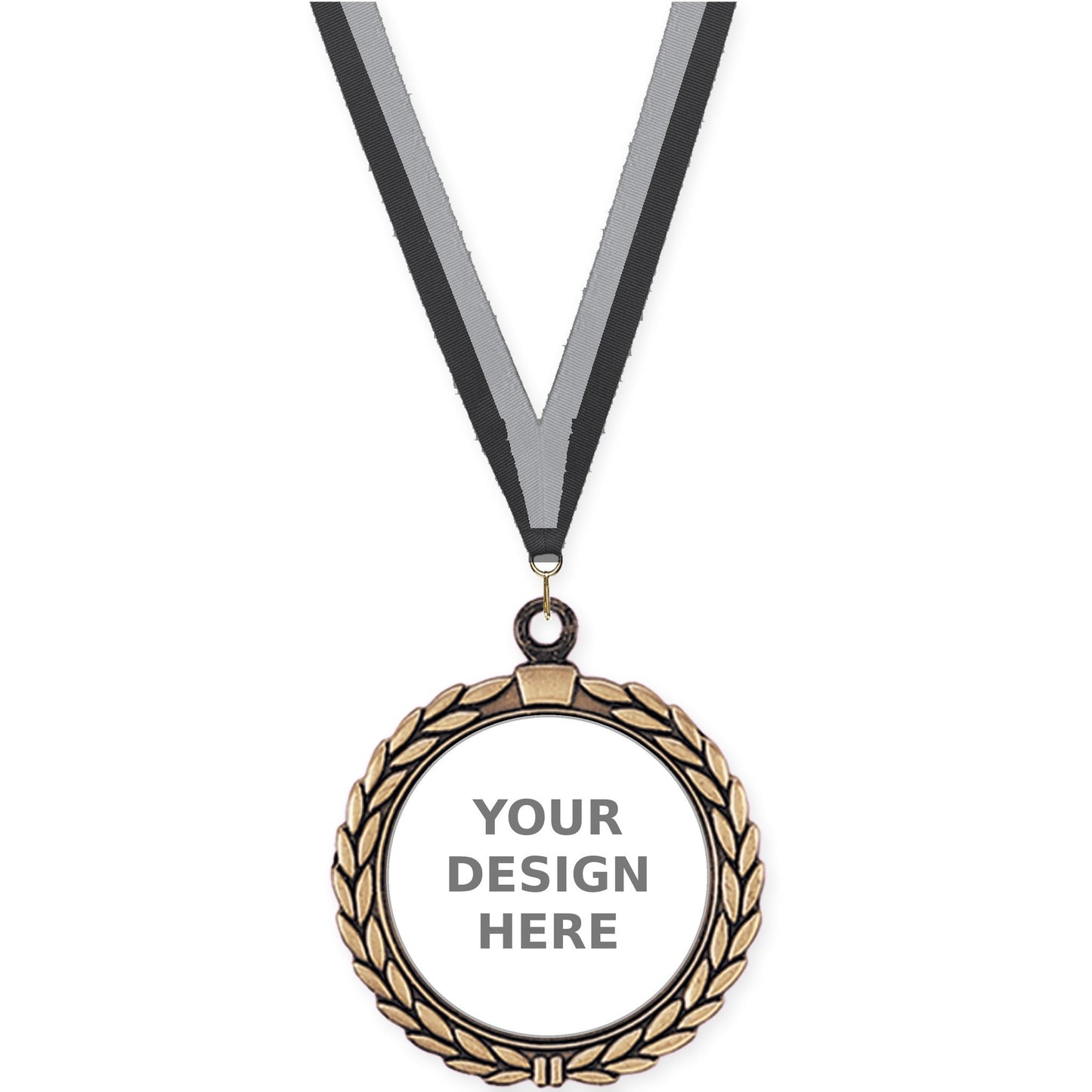 2 1/2 inch Laurel Wreath insert medal in antique gold with Black Gray neck ribbon
