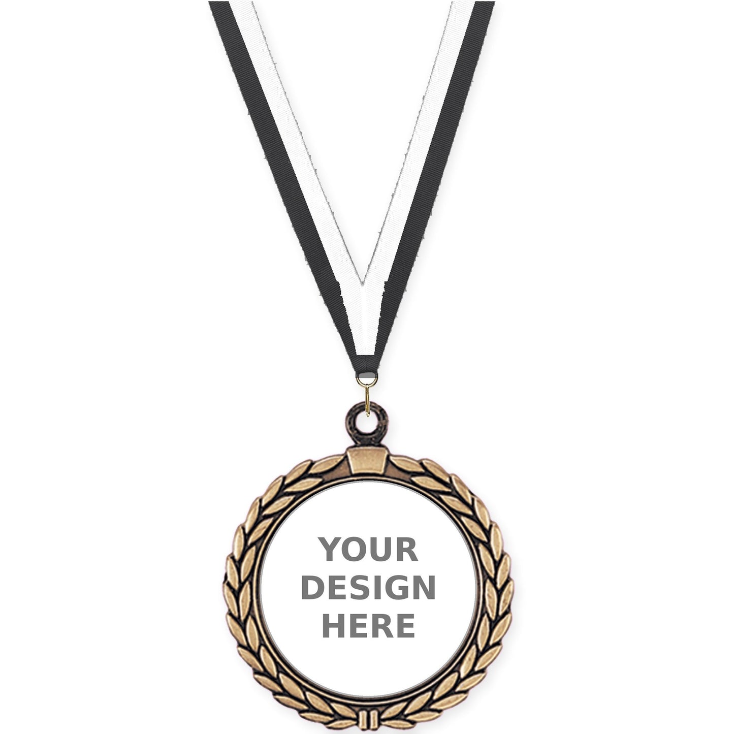 2 1/2 inch Laurel Wreath insert medal in antique gold with Black White neck ribbon