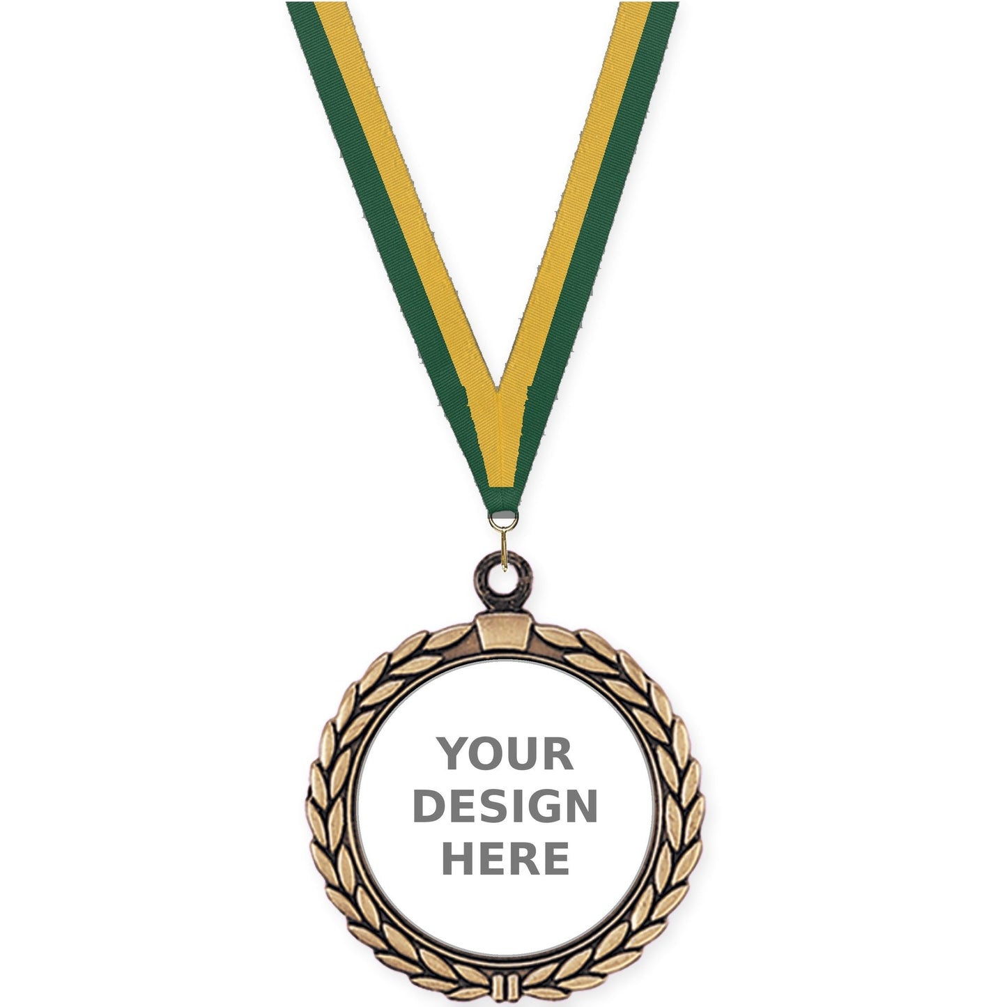 2 1/2 inch Laurel Wreath insert medal in antique gold with Hunter Green Gold neck ribbon