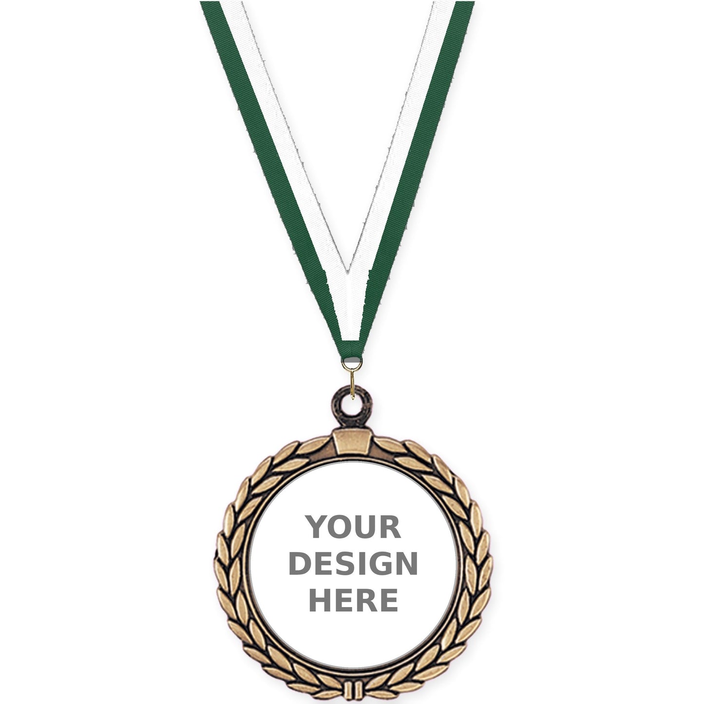 2 1/2 inch Laurel Wreath insert medal in antique gold with Hunter Green White neck ribbon