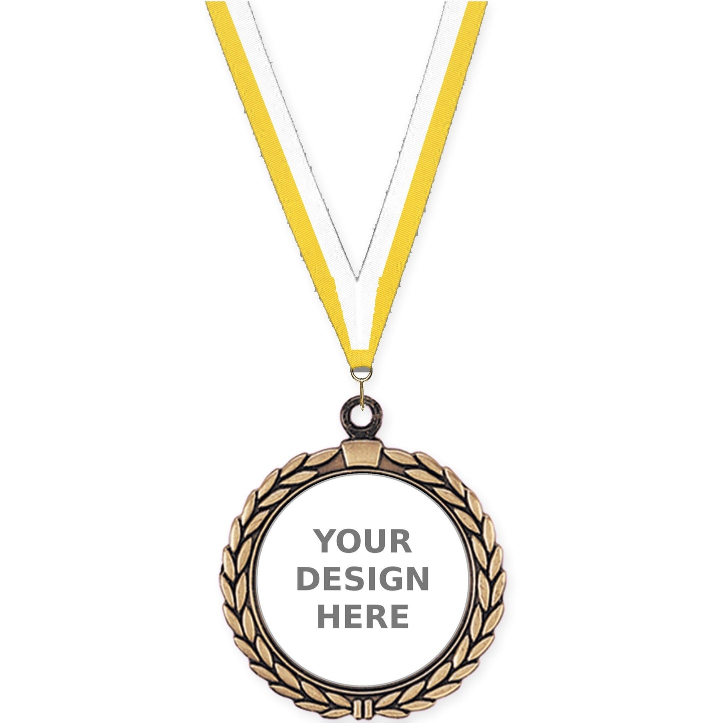 2 1/2 inch Laurel Wreath insert medal in antique gold with Yellow White neck ribbon