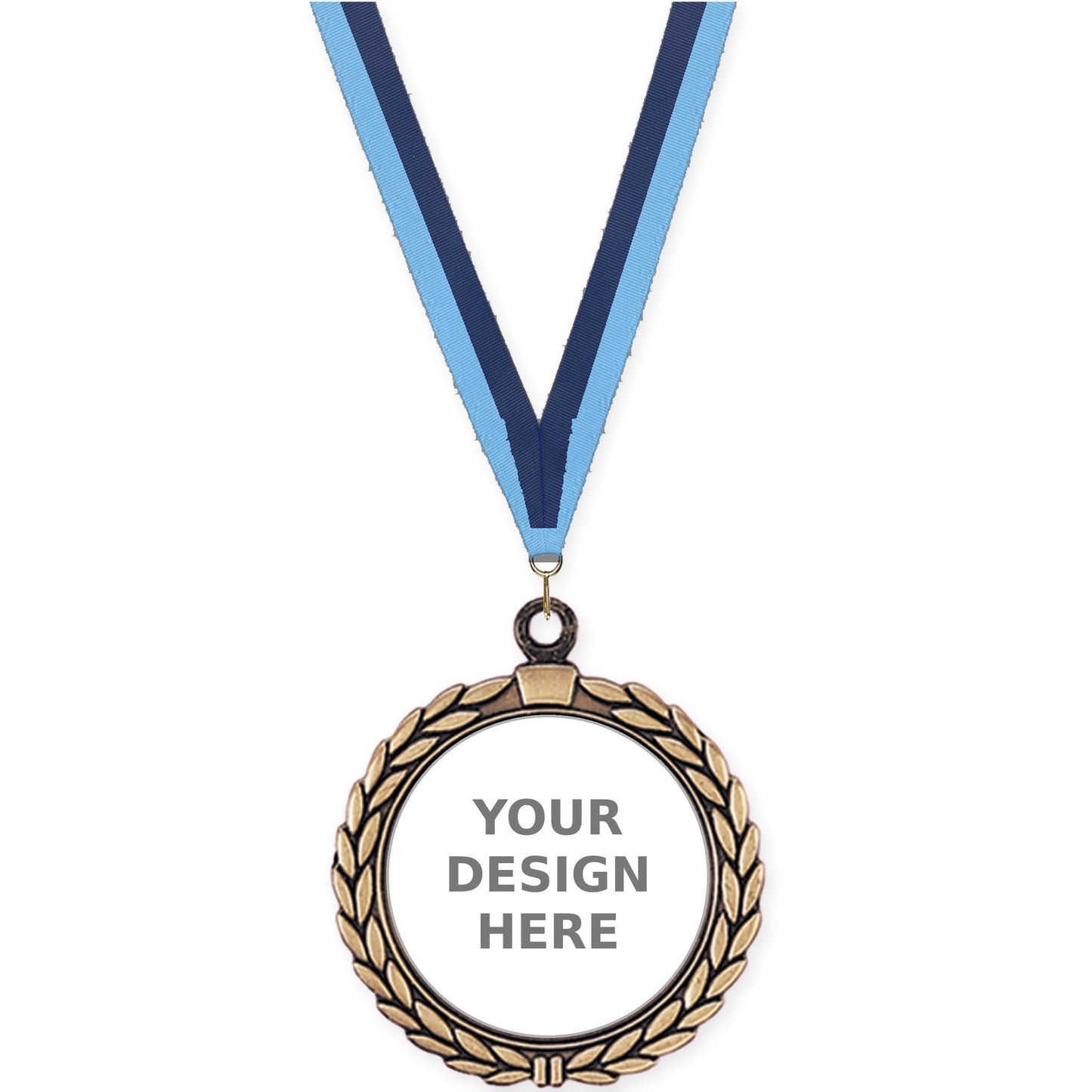 2 1/2 inch Laurel Wreath insert medal in antique gold with Light Blue Navy neck ribbon