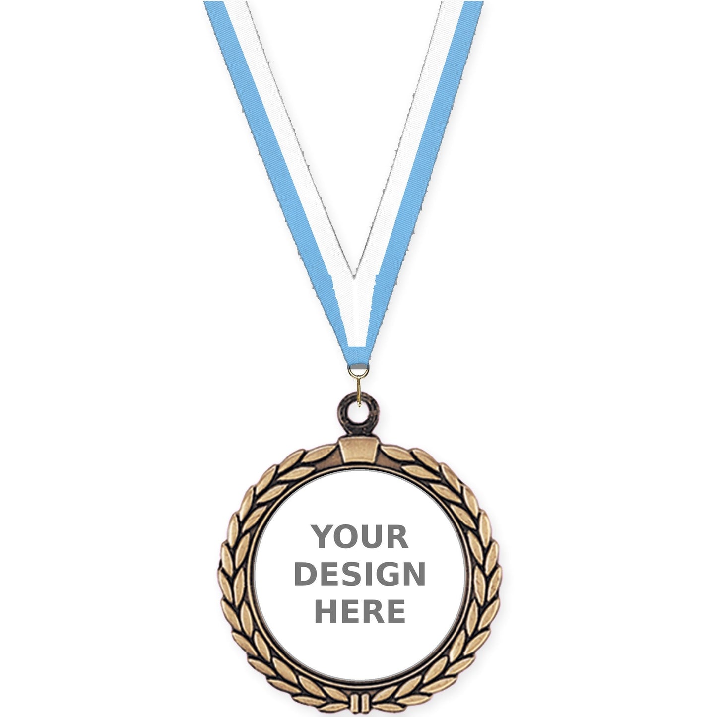 2 1/2 inch Laurel Wreath insert medal in antique gold with Light Blue White neck ribbon