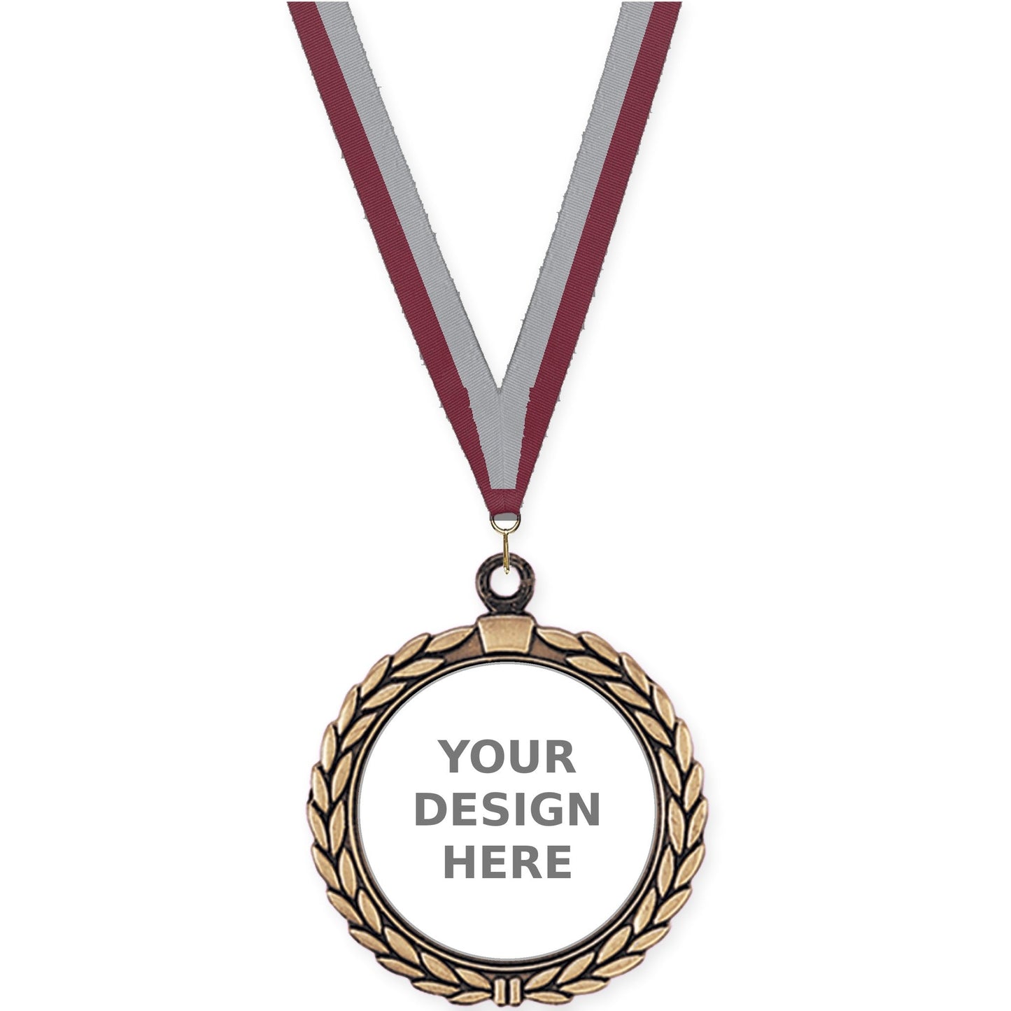 2 1/2 inch Laurel Wreath insert medal in antique gold with Maroon Gray neck ribbon
