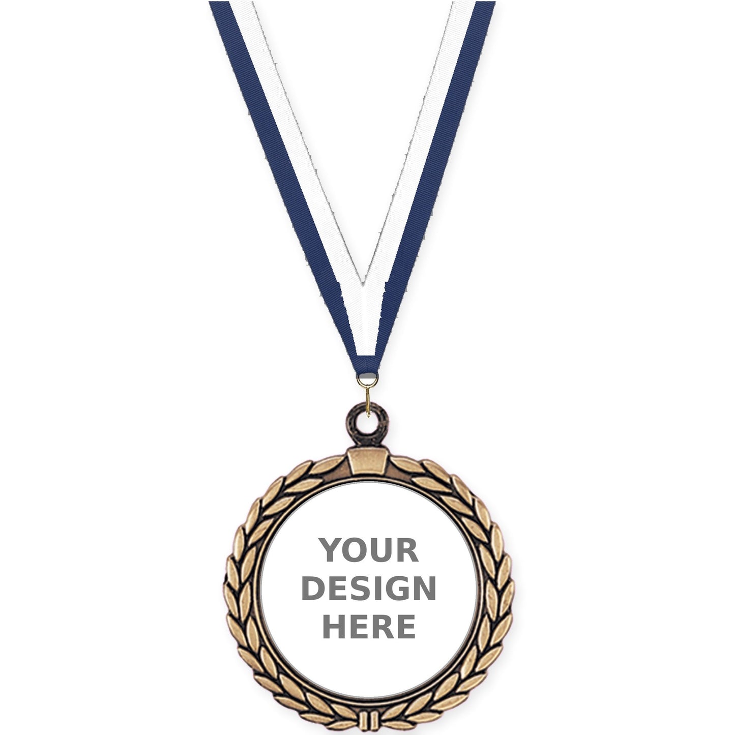 2 1/2 inch Laurel Wreath insert medal in antique gold with Navy White neck ribbon