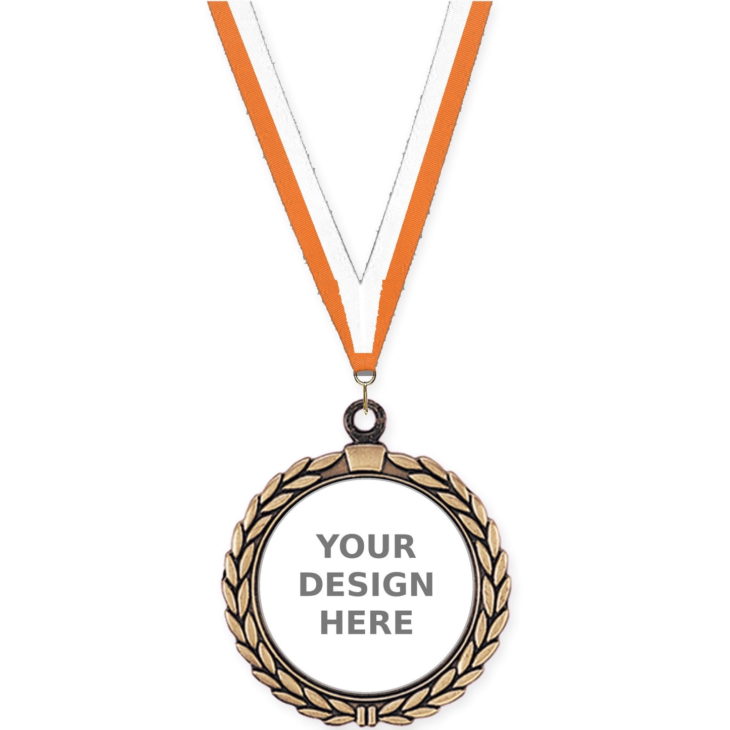 2 1/2 inch Laurel Wreath insert medal in antique gold with Orange White neck ribbon