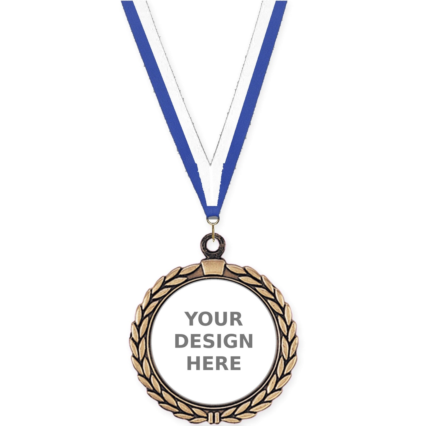 2 1/2 inch Laurel Wreath insert medal in antique gold with Blue White neck ribbon