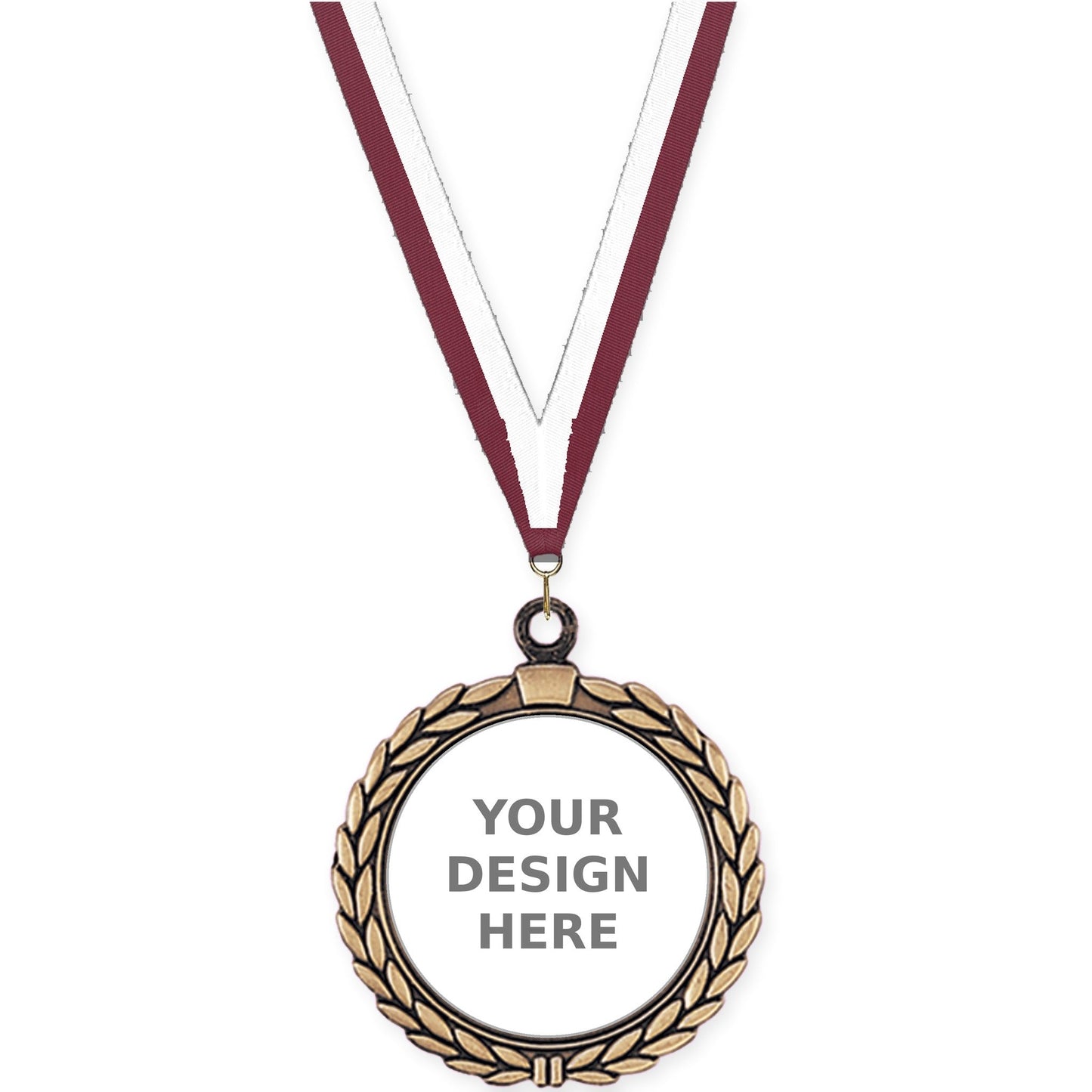 2 1/2 inch Laurel Wreath insert medal in antique gold with Maroon White neck ribbon