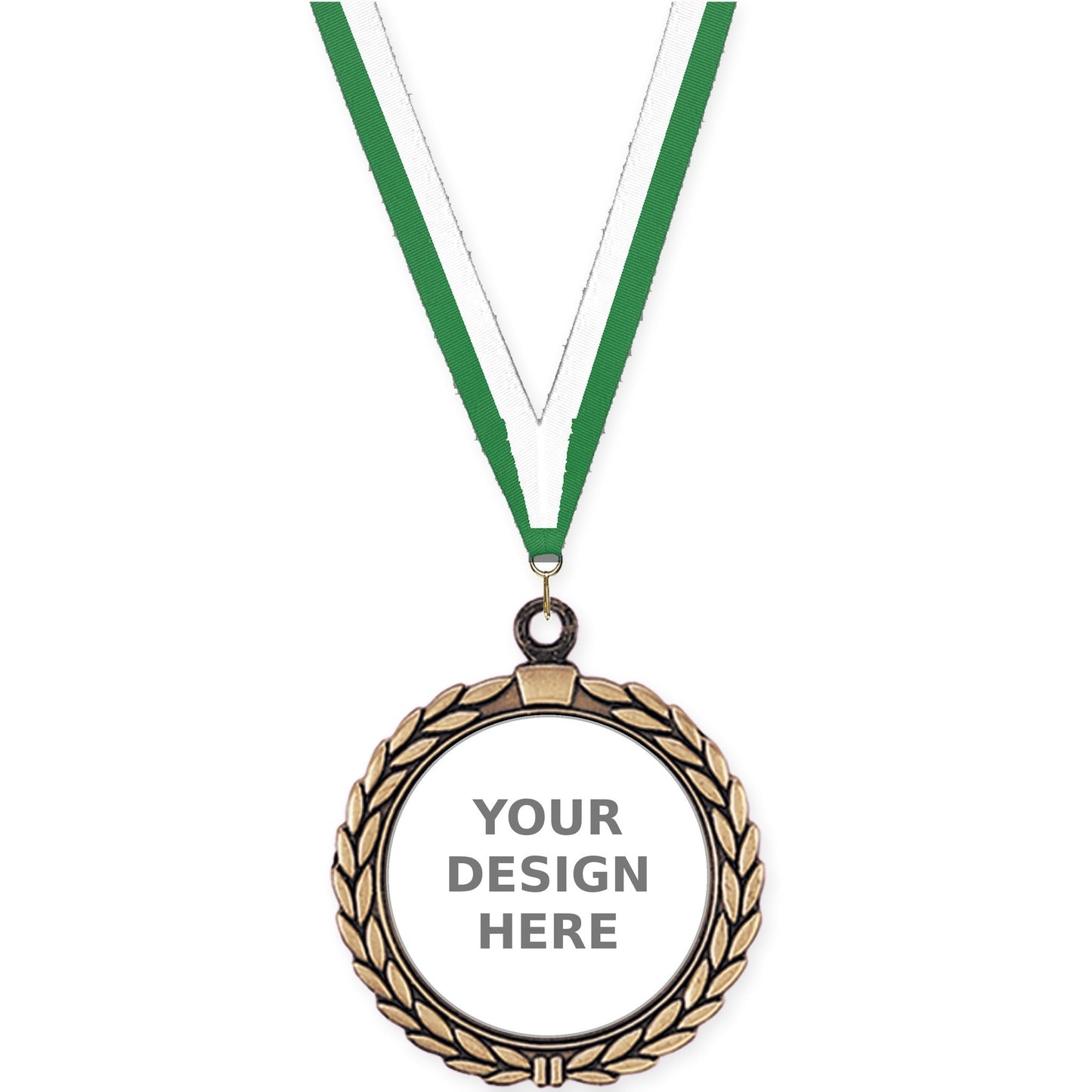 2 1/2 inch Laurel Wreath insert medal in antique gold with Green White neck ribbon