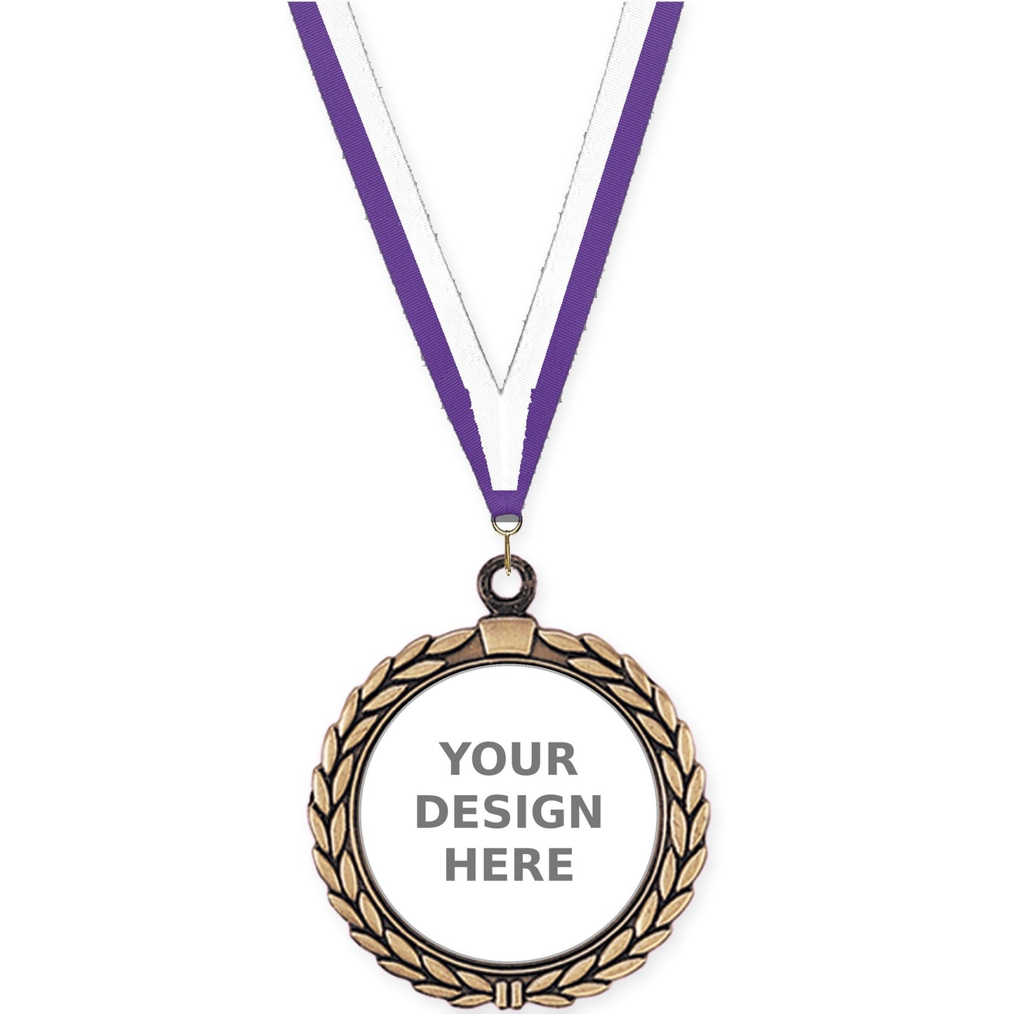 2 1/2 inch Laurel Wreath insert medal in antique gold with Purple White neck ribbon