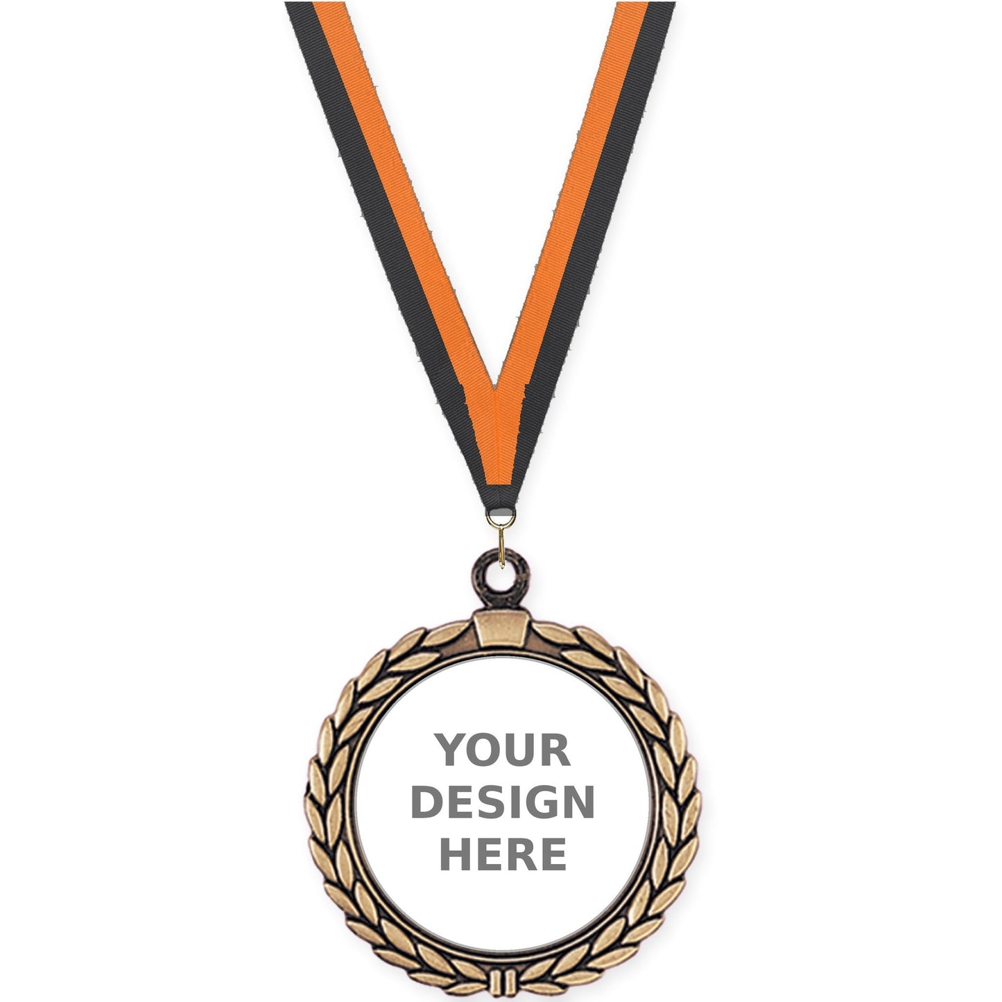 2 1/2 inch Laurel Wreath insert medal in antique gold with Black Orange neck ribbon