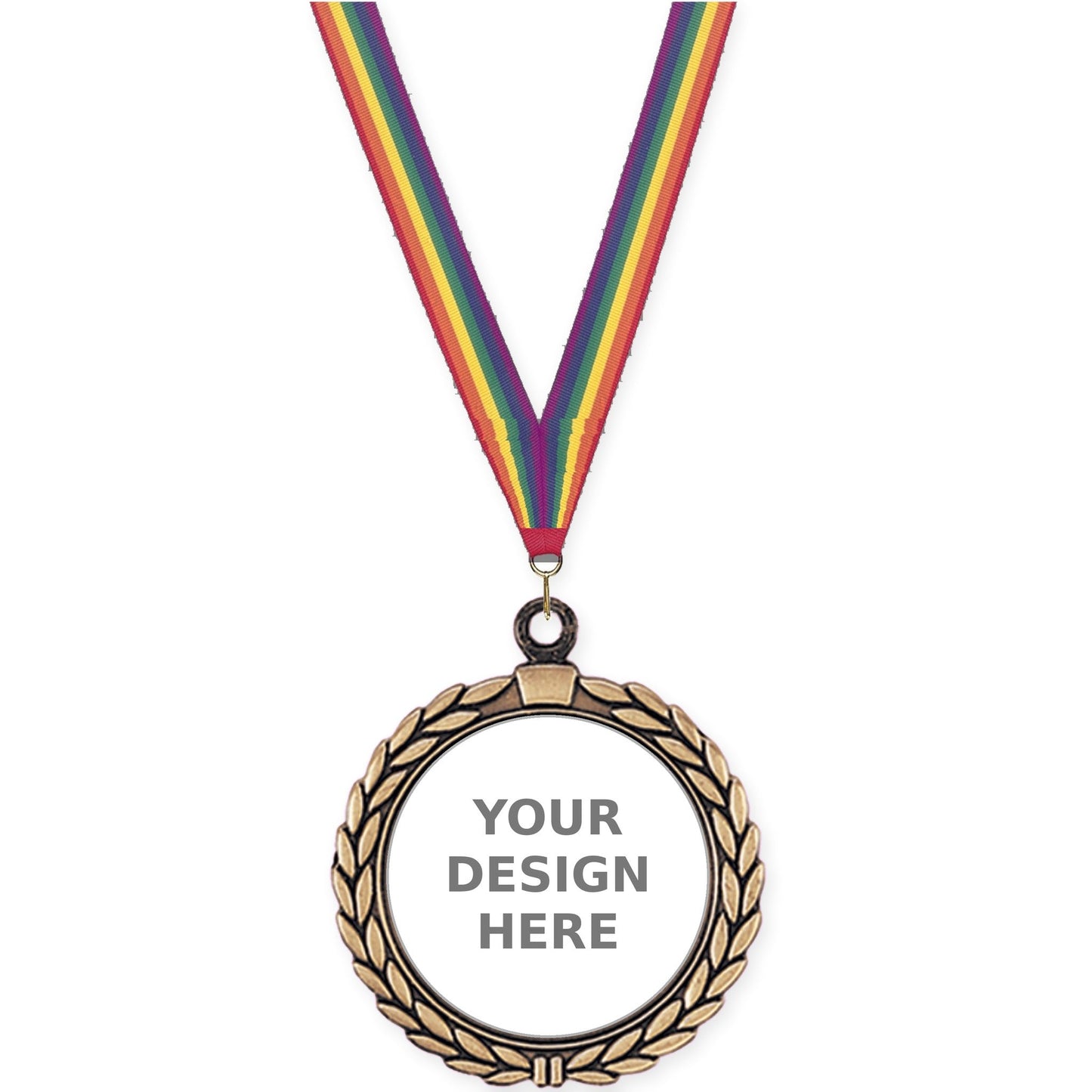 2 1/2 inch Laurel Wreath insert medal in antique gold with Rainbow neck ribbon