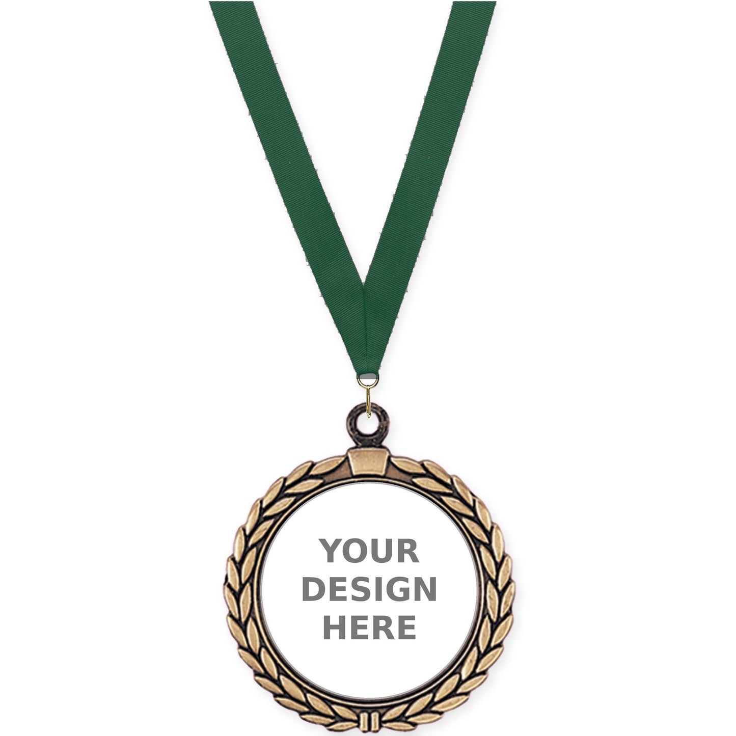 2 1/2 inch Laurel Wreath insert medal in antique gold with Hunter Green neck ribbon