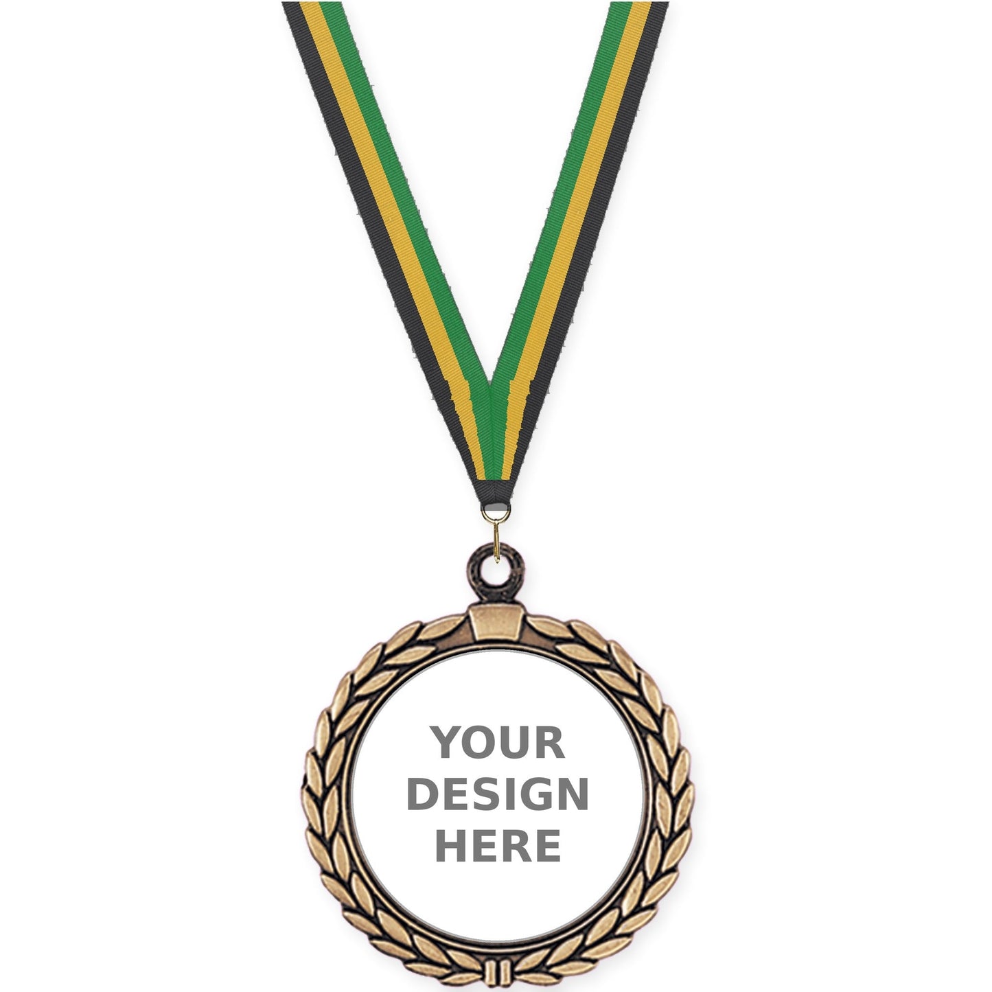 2 1/2 inch Laurel Wreath insert medal in antique gold with Black Gold Green neck ribbon