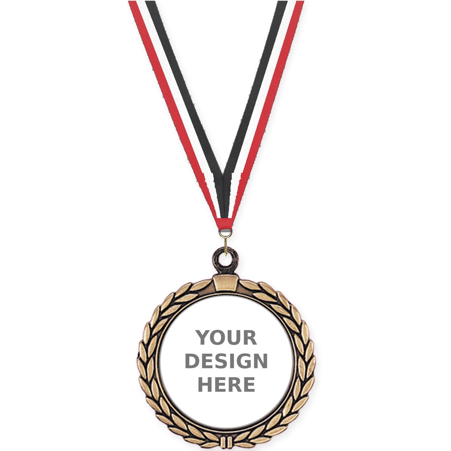 2 1/2 inch Laurel Wreath insert medal in antique gold with Red White Black neck ribbon