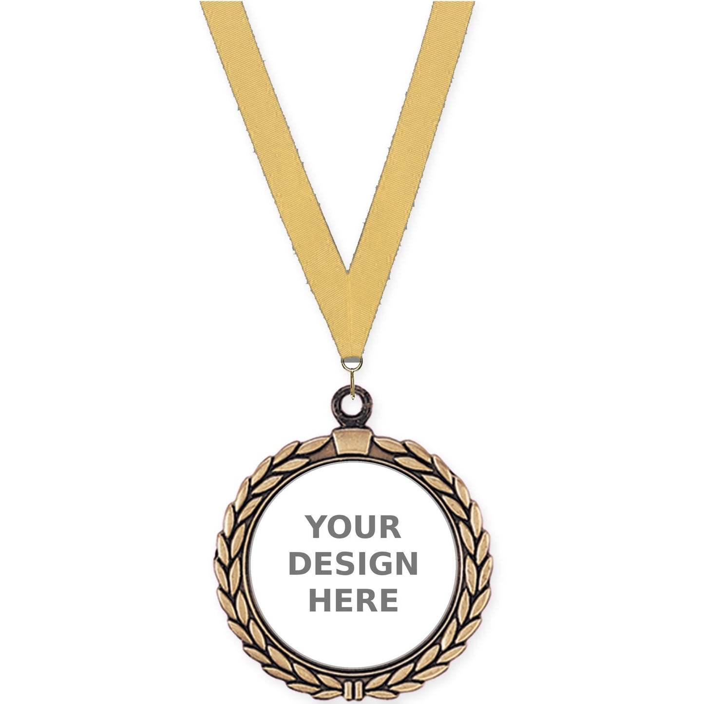 2 1/2 inch Laurel Wreath insert medal in antique gold with Gold Metallic neck ribbon