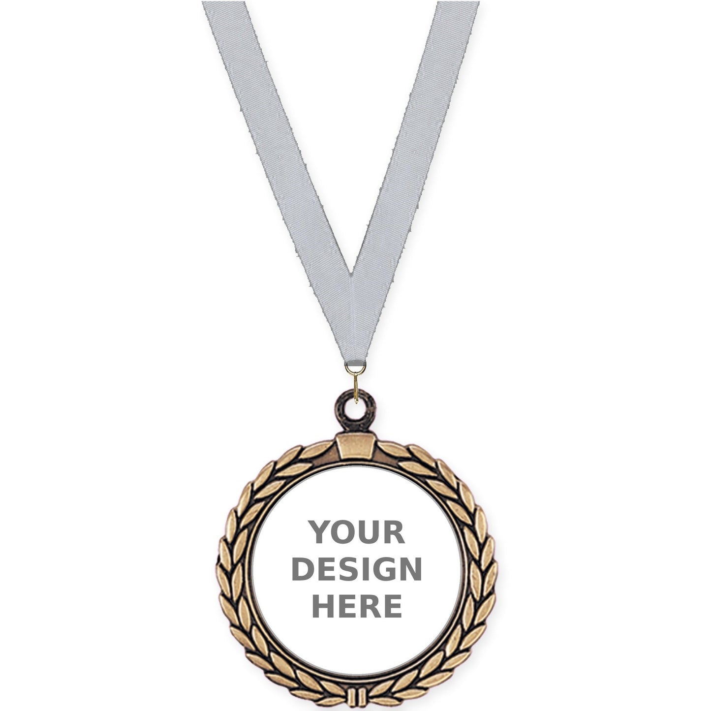 2 1/2 inch Laurel Wreath insert medal in antique gold with Silver Metallic neck ribbon