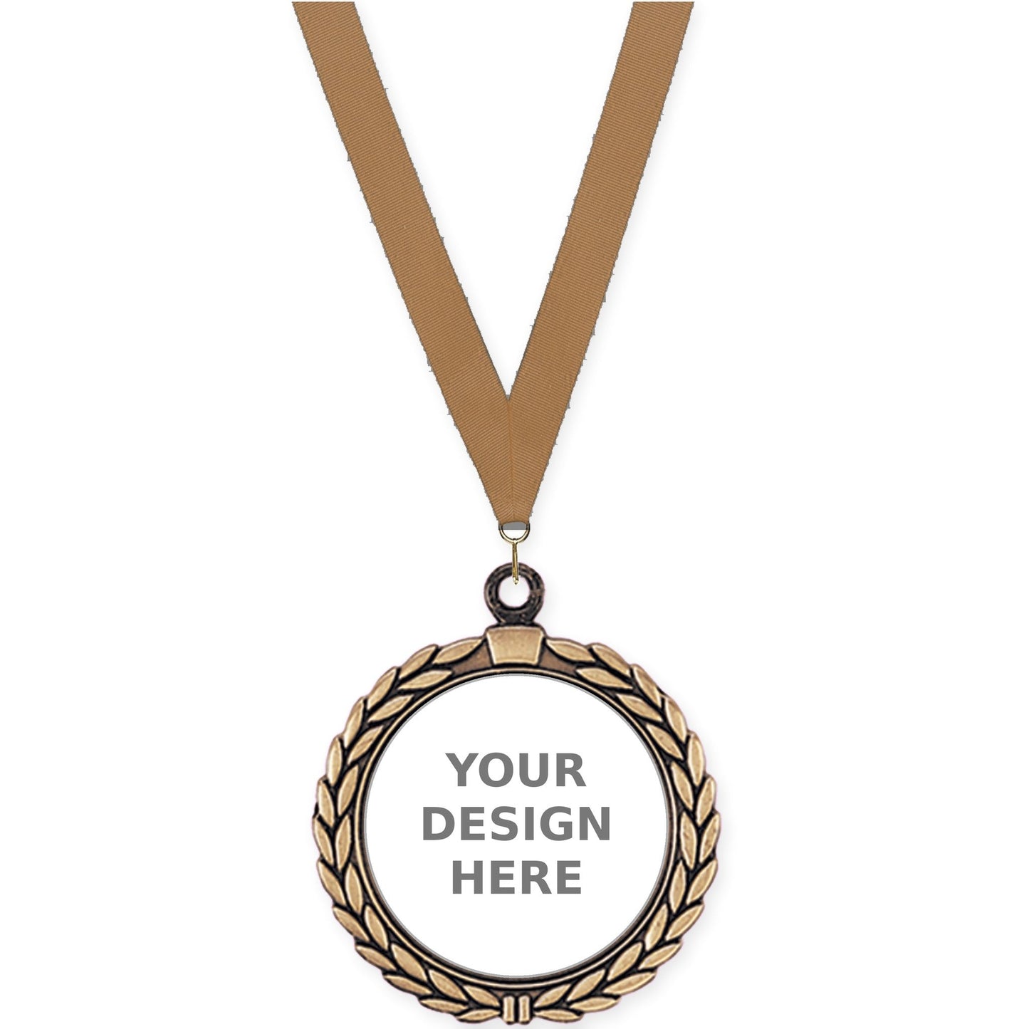 2 1/2 inch Laurel Wreath insert medal in antique gold with Bronze Metallic neck ribbon