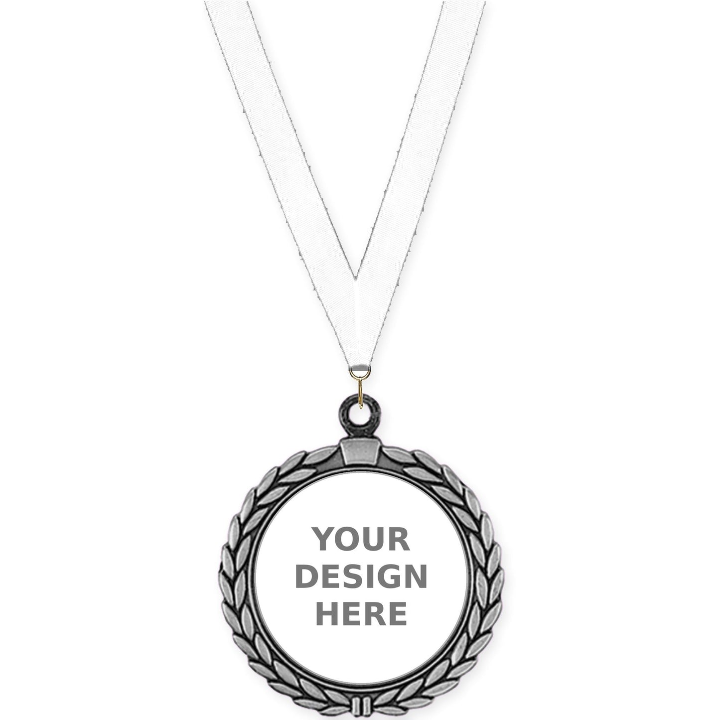 2 1/2 inch Laurel Wreath insert medal in antique silver with White neck ribbon