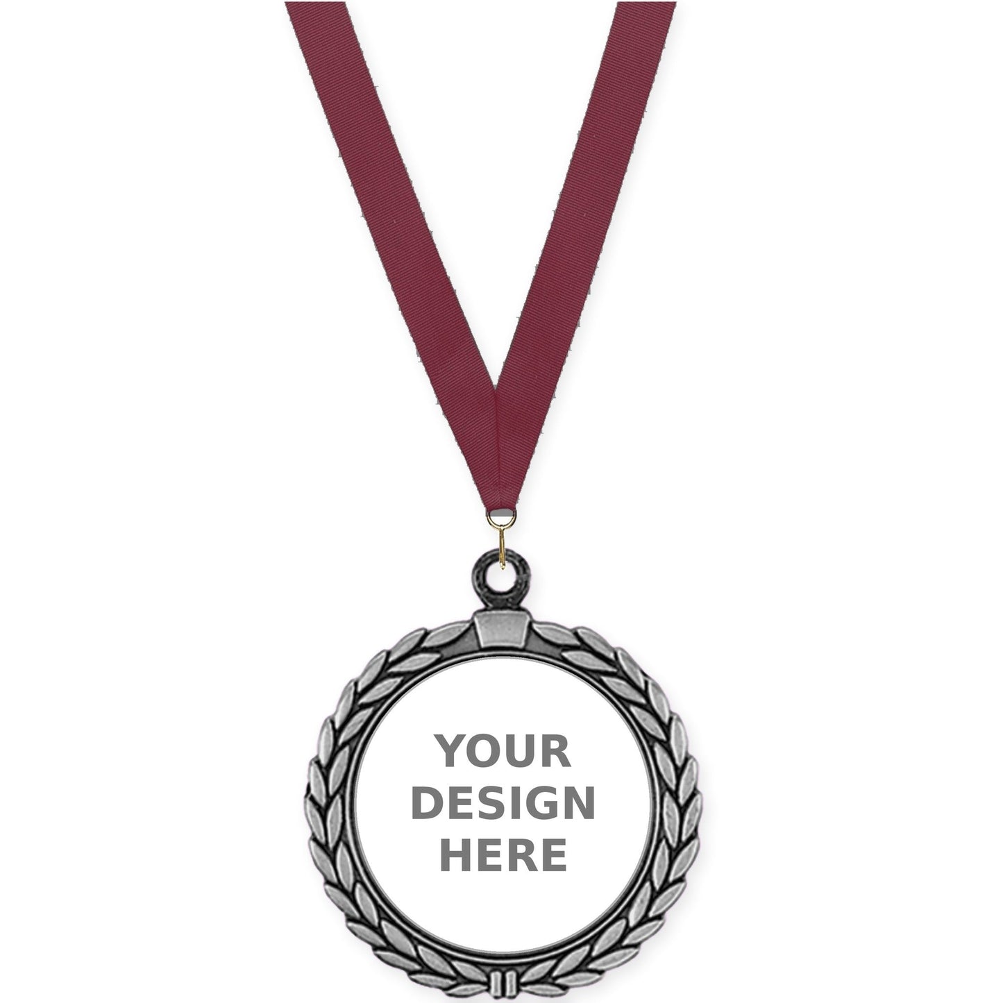 2 1/2 inch Laurel Wreath insert medal in antique silver with Maroon neck ribbon