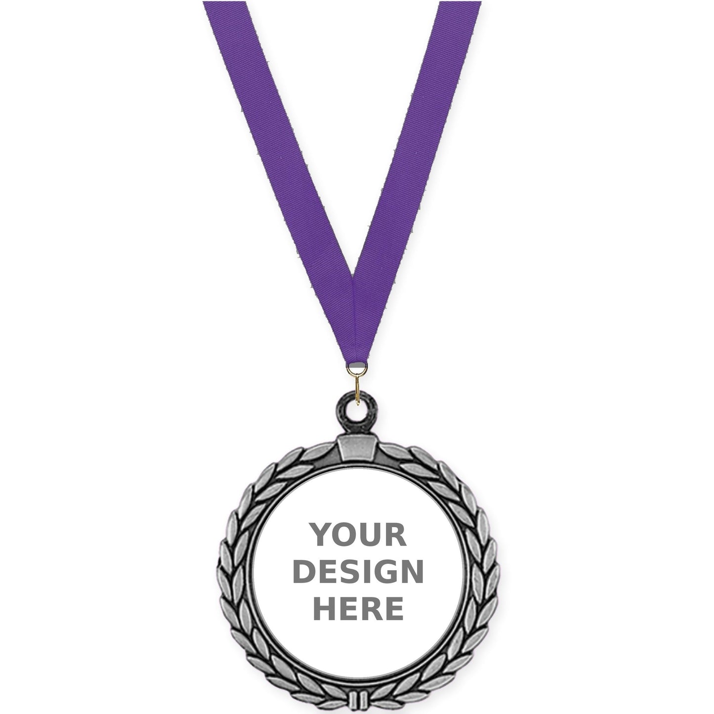 2 1/2 inch Laurel Wreath insert medal in antique silver with Purple neck ribbon