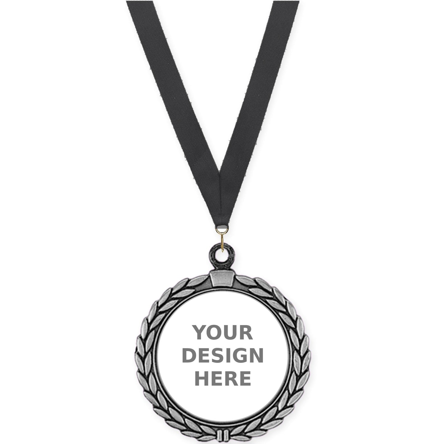 2 1/2 inch Laurel Wreath insert medal in antique silver with Black neck ribbon