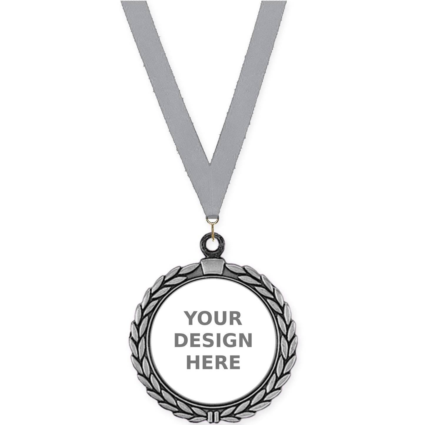 2 1/2 inch Laurel Wreath insert medal in antique silver with Gray neck ribbon