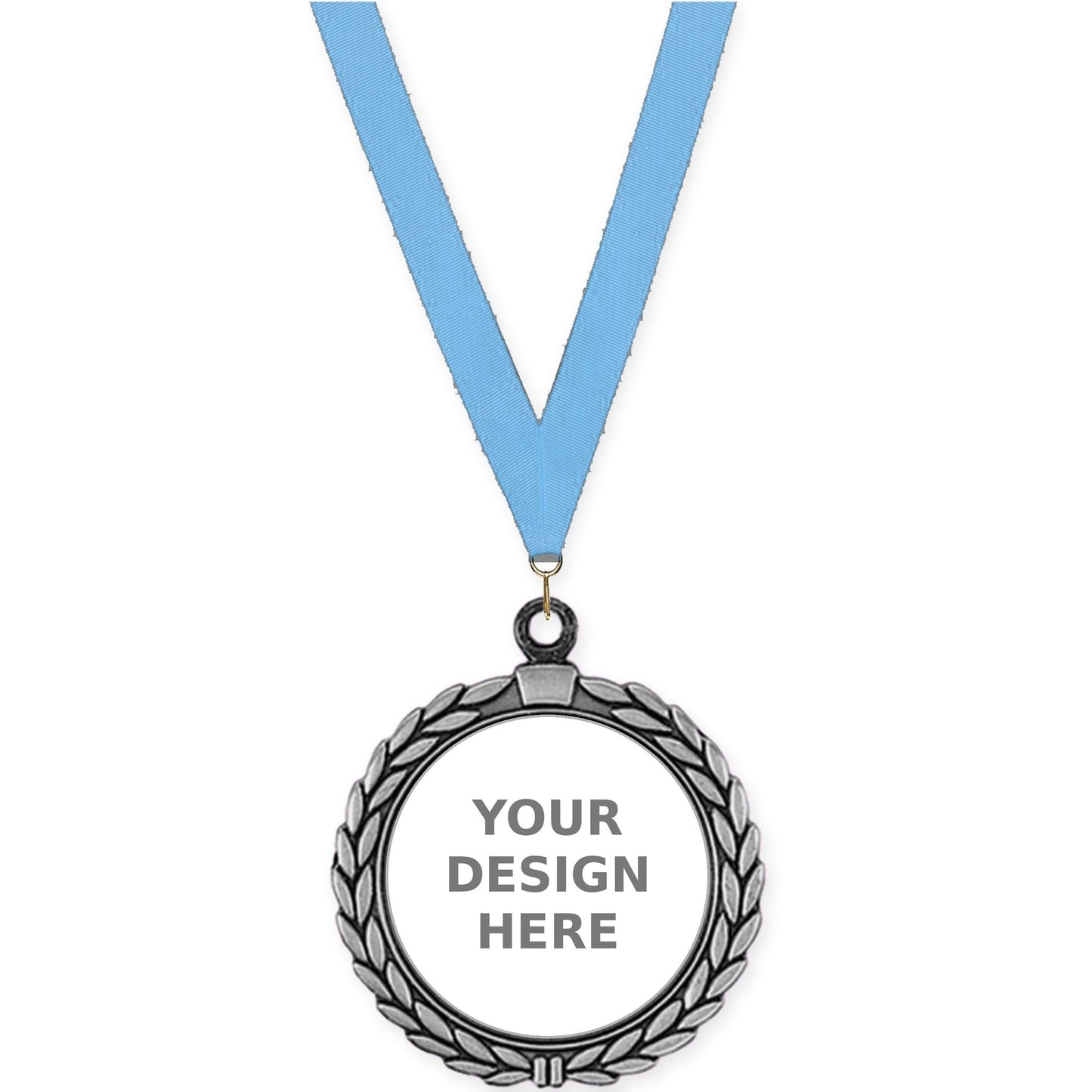2 1/2 inch Laurel Wreath insert medal in antique silver with Light Blue neck ribbon