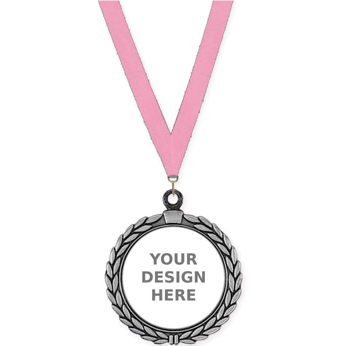 2 1/2 inch Laurel Wreath insert medal in antique silver with Pink neck ribbon
