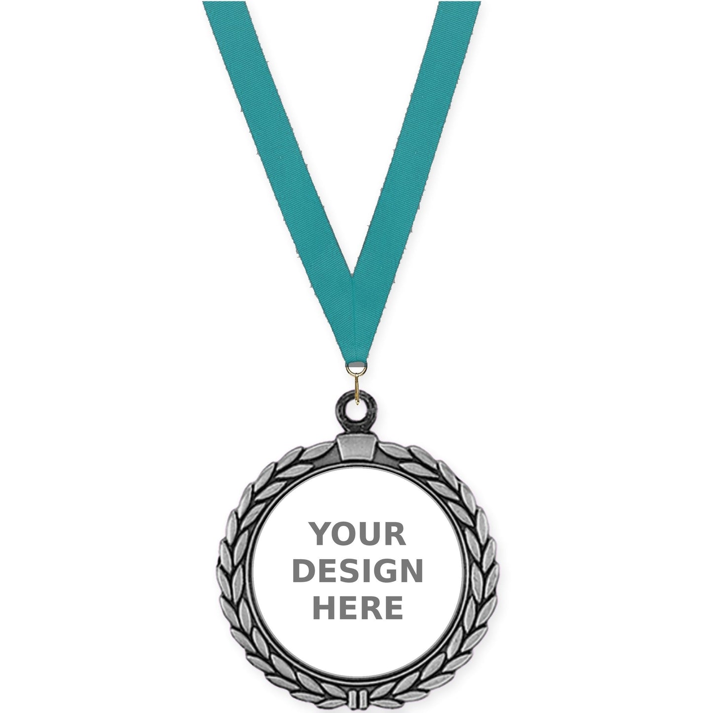 2 1/2 inch Laurel Wreath insert medal in antique silver with Teal neck ribbon