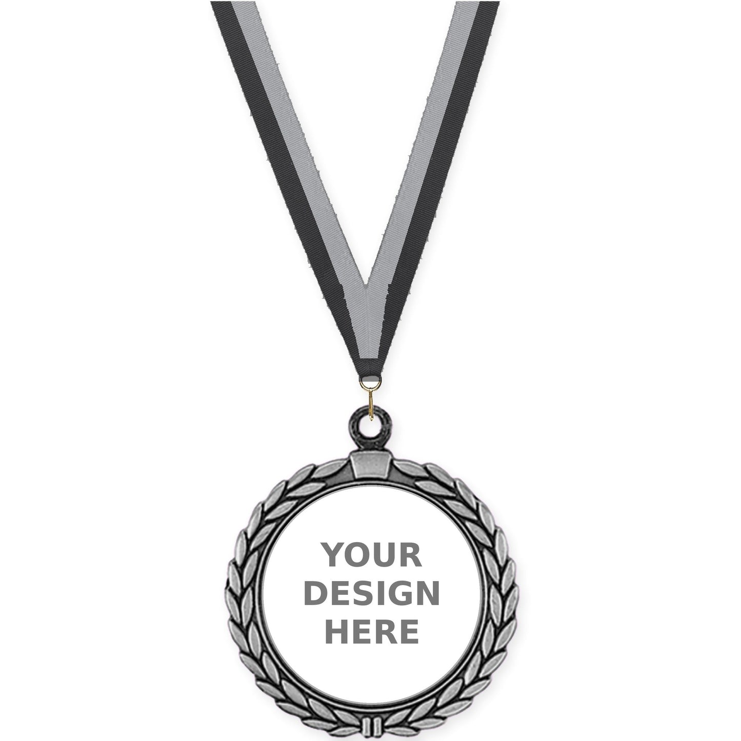 2 1/2 inch Laurel Wreath insert medal in antique silver with Black Gray neck ribbon