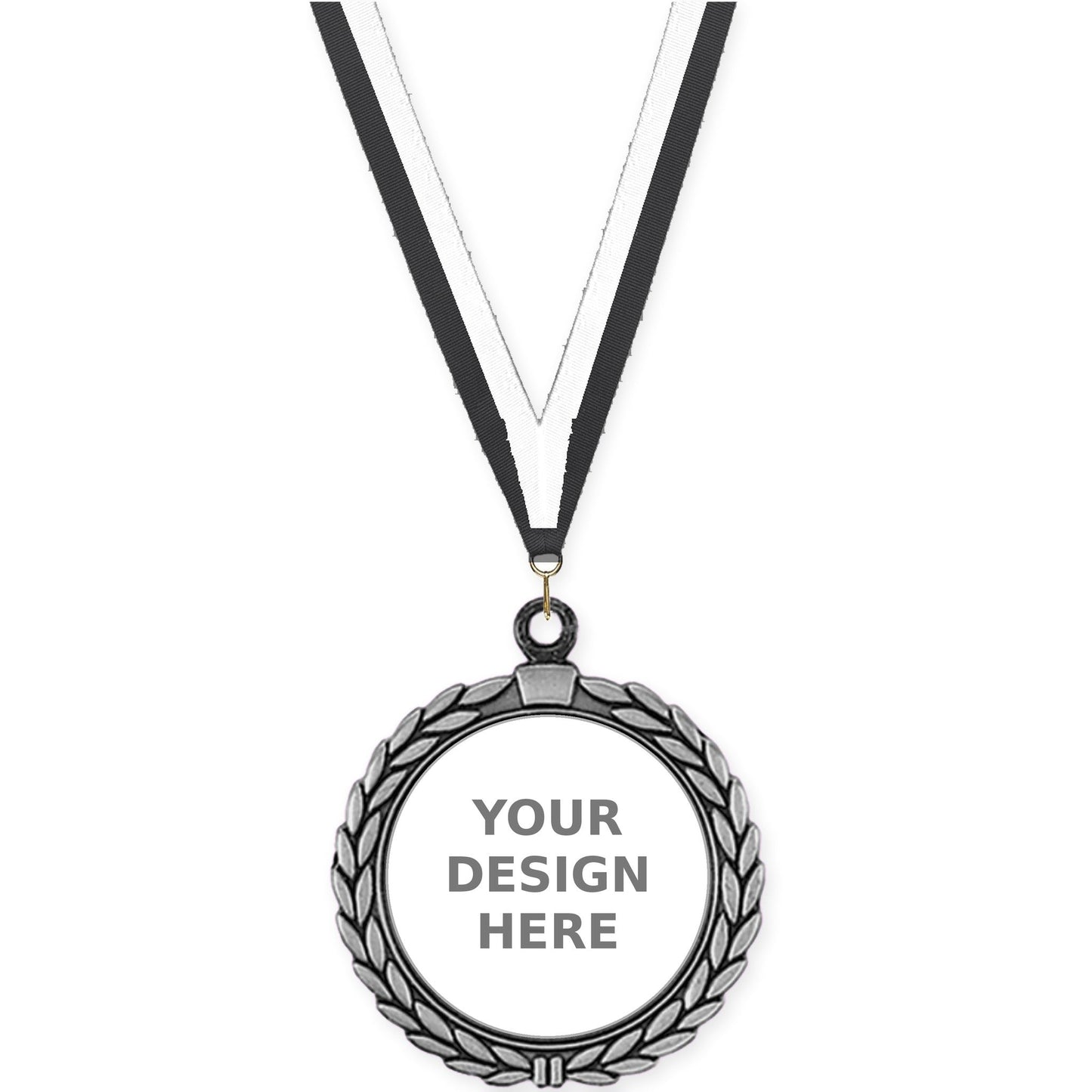2 1/2 inch Laurel Wreath insert medal in antique silver with Black White neck ribbon