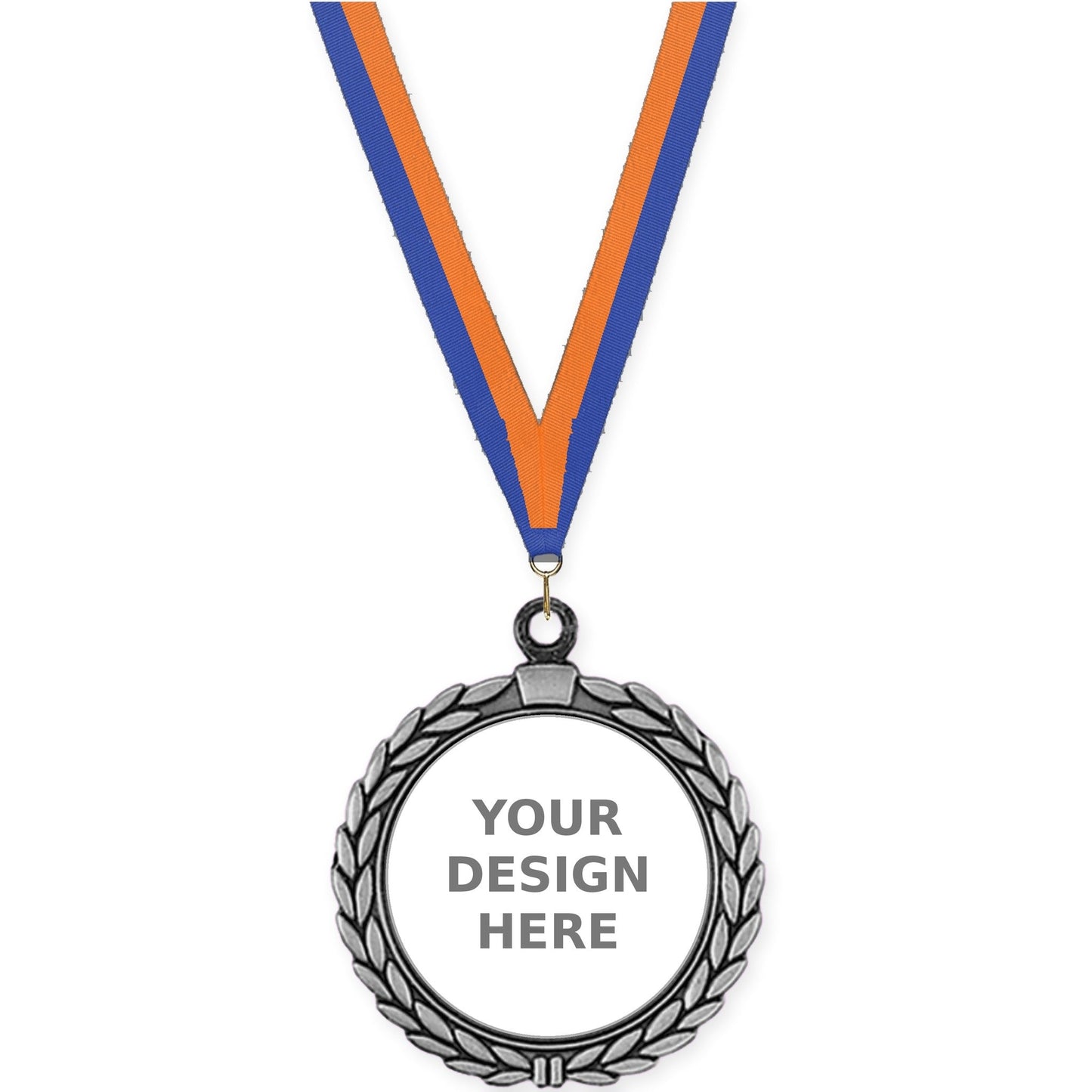2 1/2 inch Laurel Wreath insert medal in antique silver with Blue Orange neck ribbon