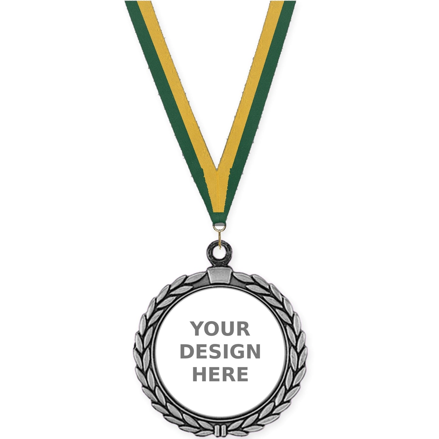 2 1/2 inch Laurel Wreath insert medal in antique silver with Hunter Green Gold neck ribbon