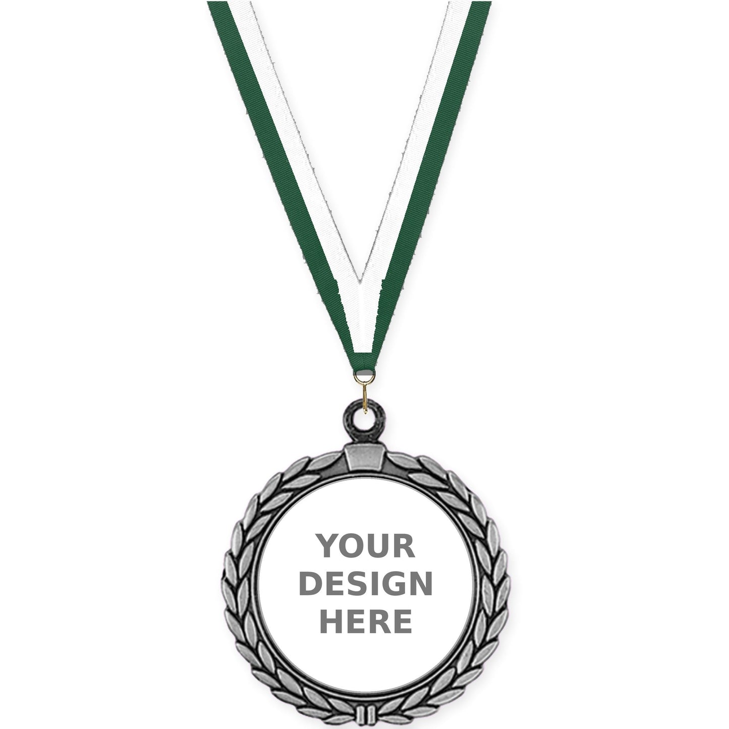 2 1/2 inch Laurel Wreath insert medal in antique silver with Hunter Green White neck ribbon