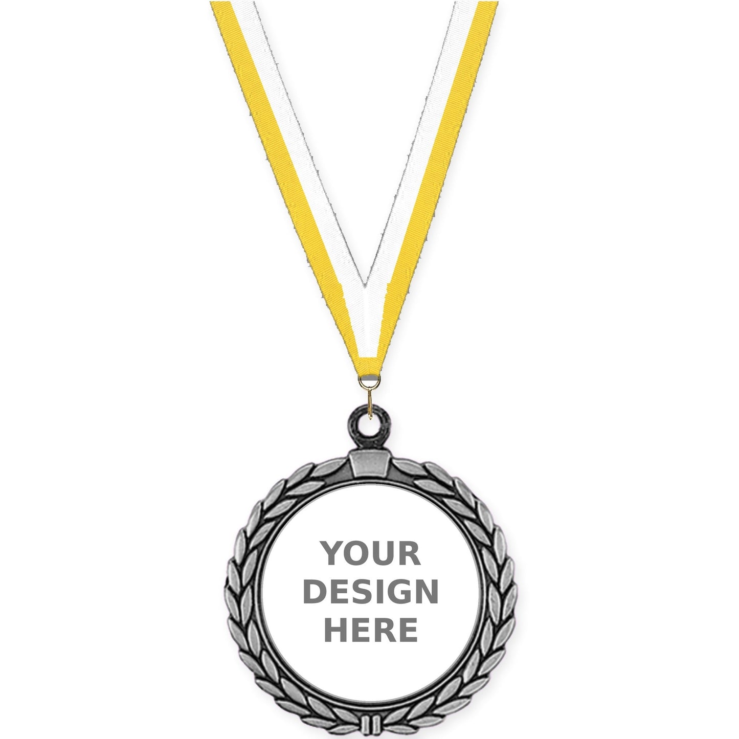 2 1/2 inch Laurel Wreath insert medal in antique silver with Yellow White neck ribbon