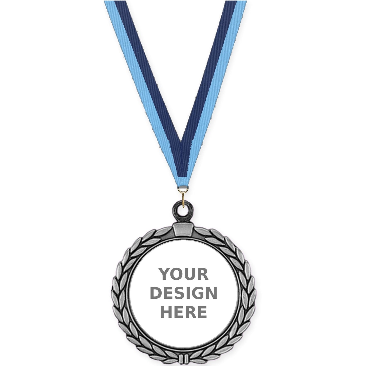 2 1/2 inch Laurel Wreath insert medal in antique silver with Light Blue Navy neck ribbon