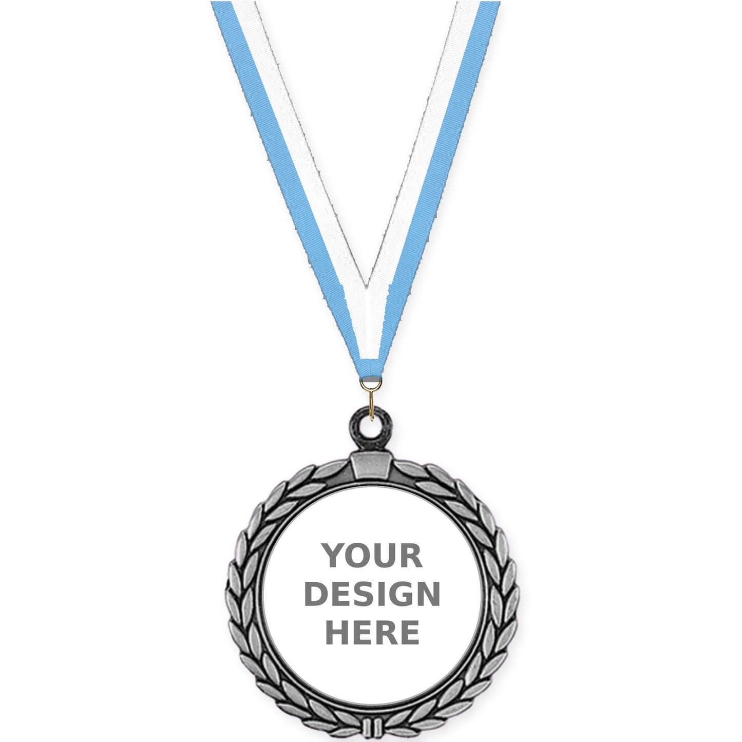 2 1/2 inch Laurel Wreath insert medal in antique silver with Light Blue White neck ribbon