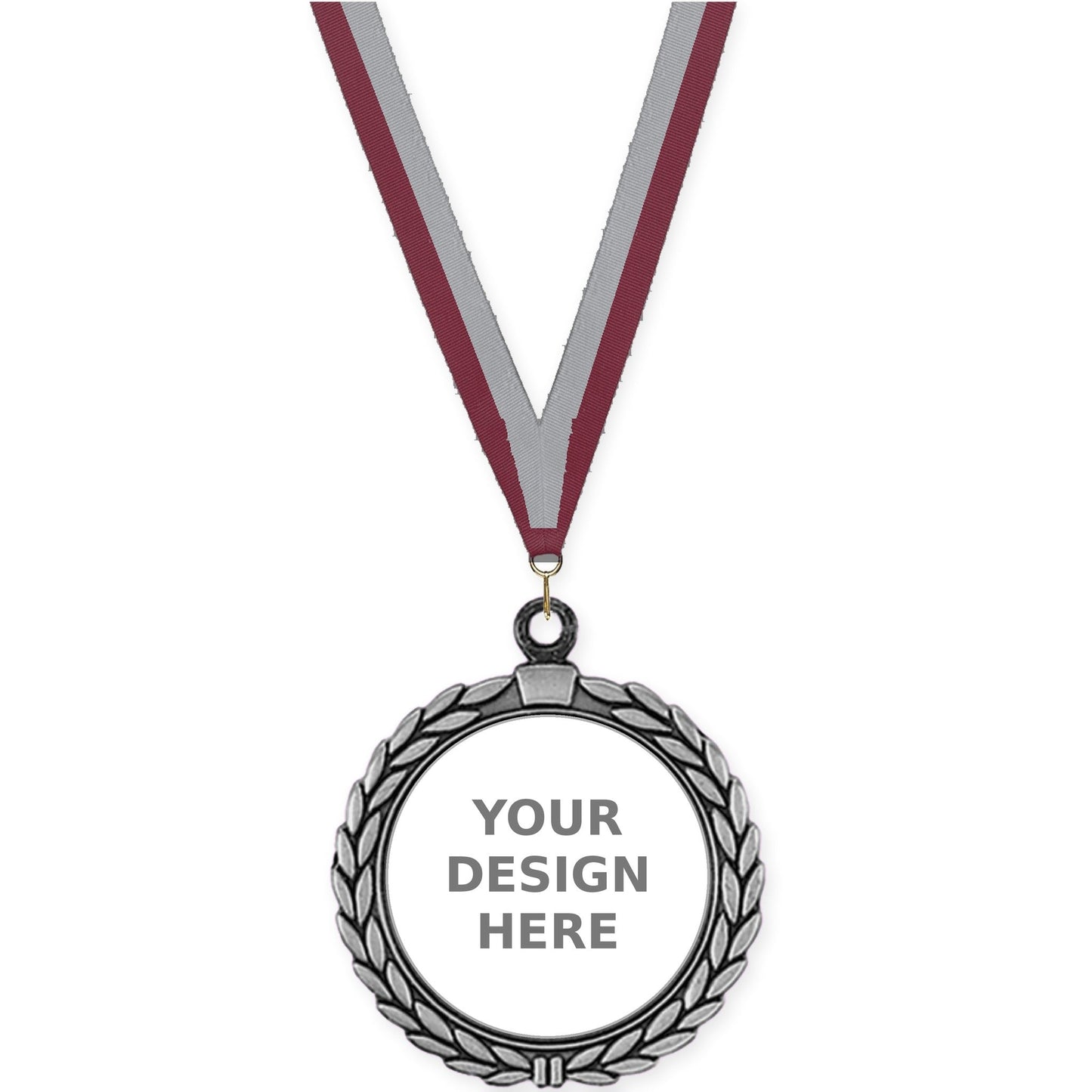 2 1/2 inch Laurel Wreath insert medal in antique silver with Maroon Gray neck ribbon