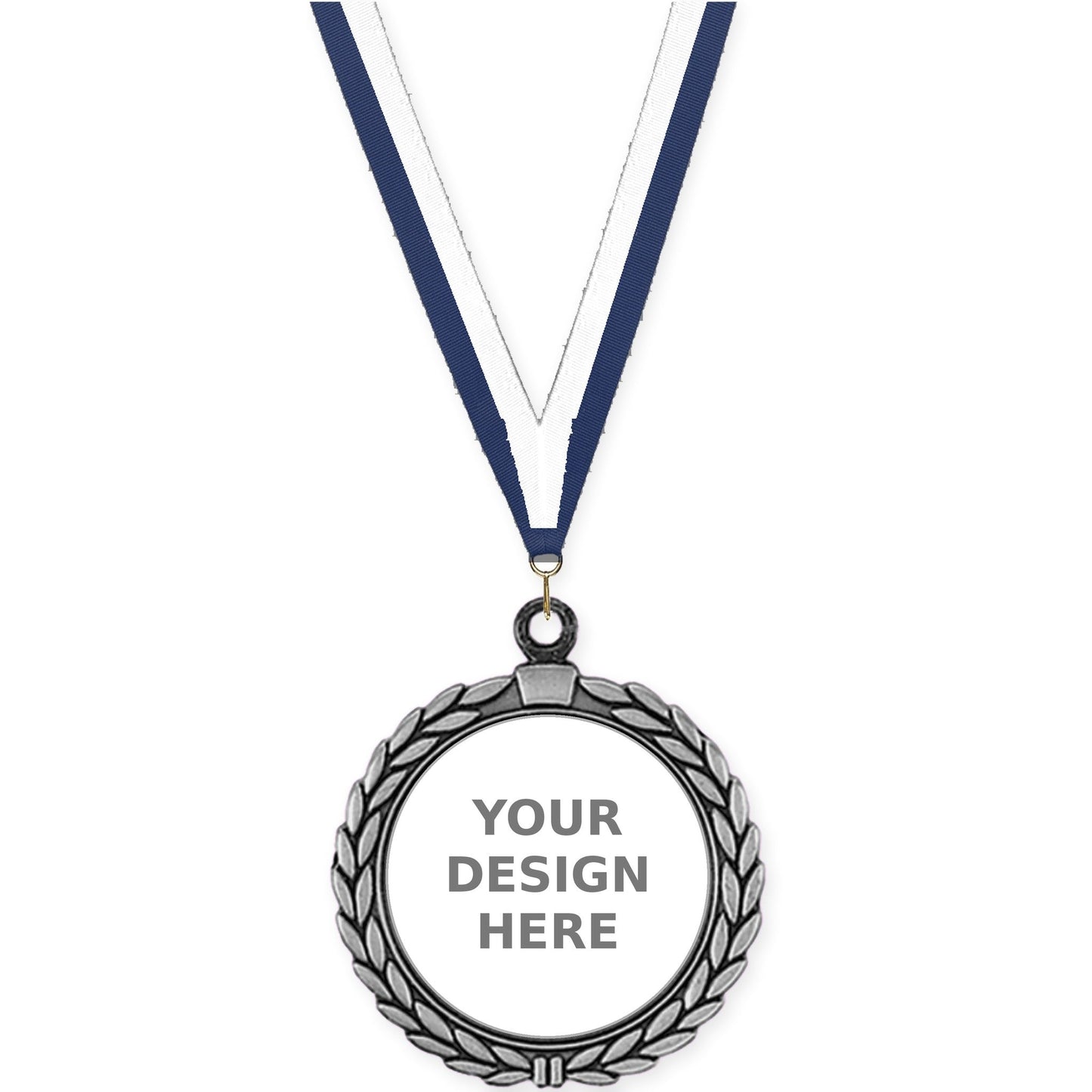 2 1/2 inch Laurel Wreath insert medal in antique silver with Navy White neck ribbon