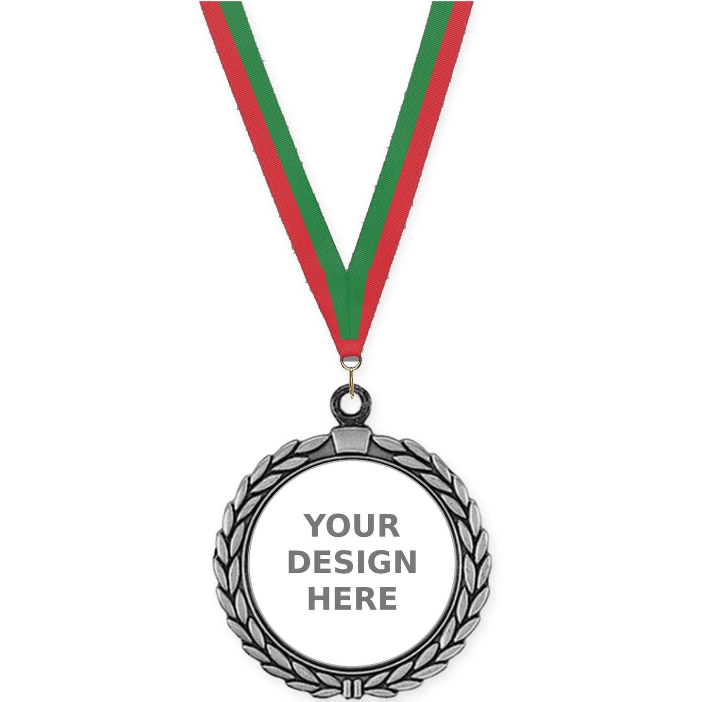 2 1/2 inch Laurel Wreath insert medal in antique silver with Red Green neck ribbon