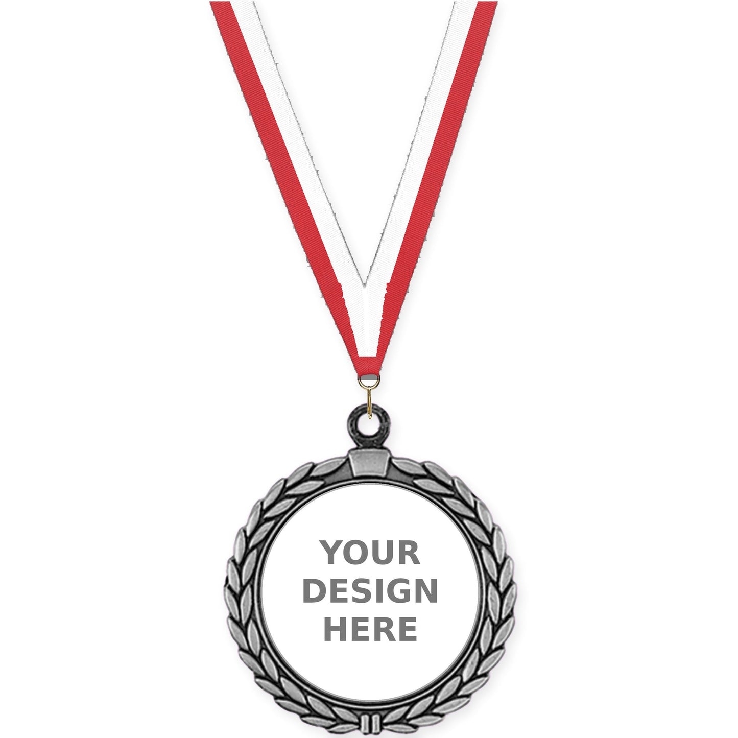 2 1/2 inch Laurel Wreath insert medal in antique silver with Red White neck ribbon