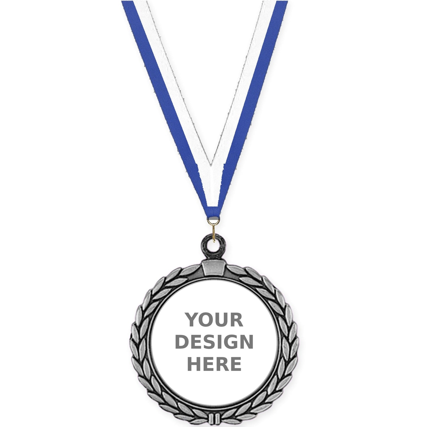 2 1/2 inch Laurel Wreath insert medal in antique silver with Blue White neck ribbon