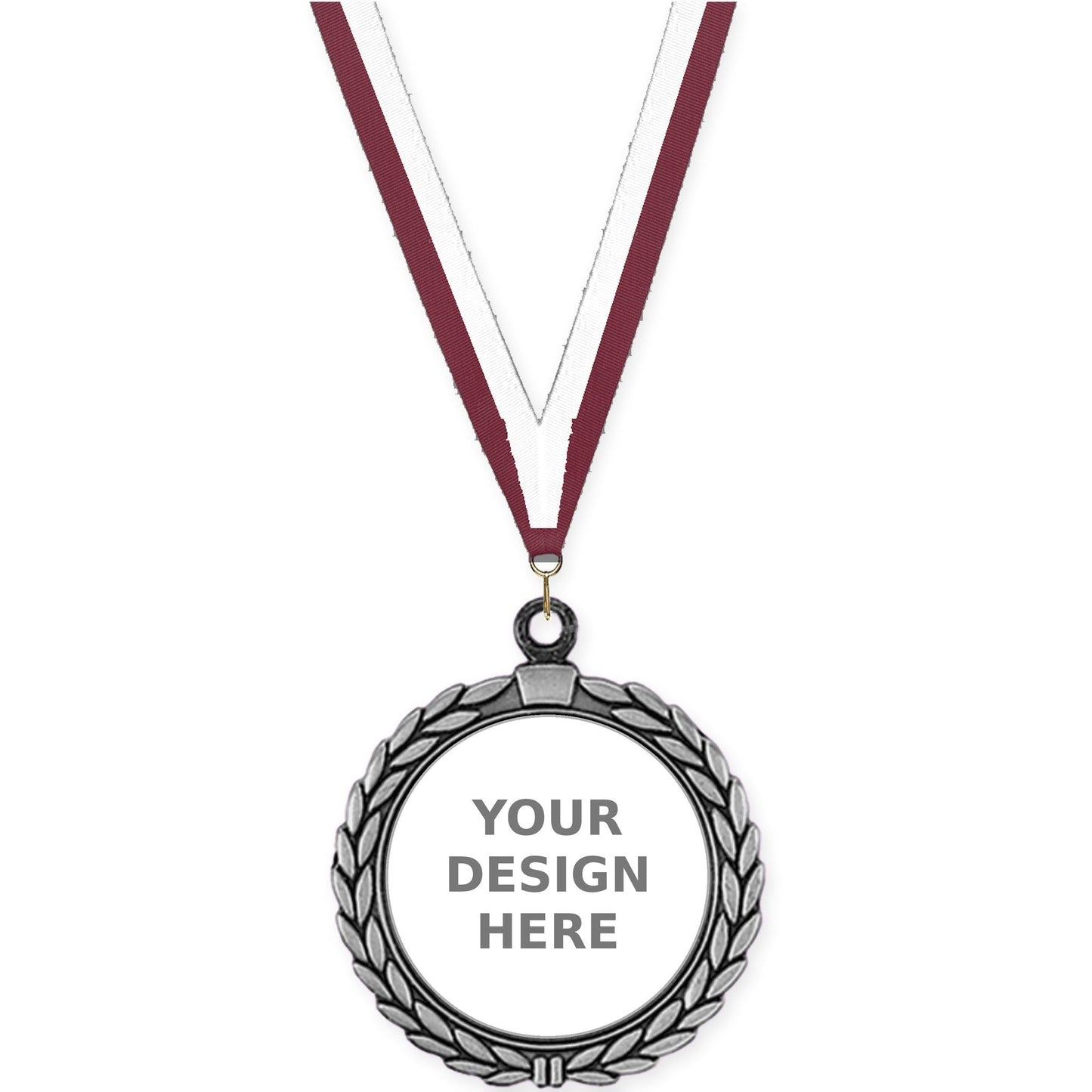 2 1/2 inch Laurel Wreath insert medal in antique silver with Maroon White neck ribbon